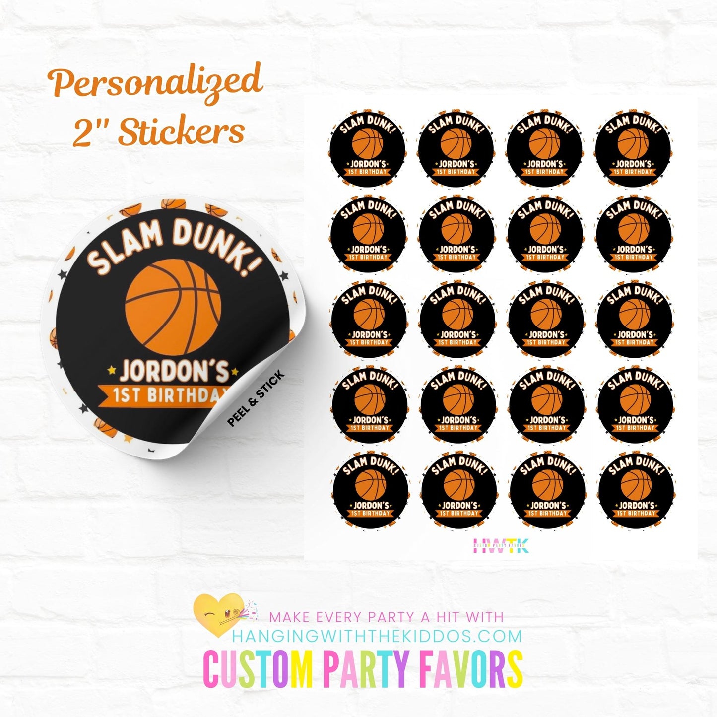 Basketball Birthday 2" Personalized Round Stickers