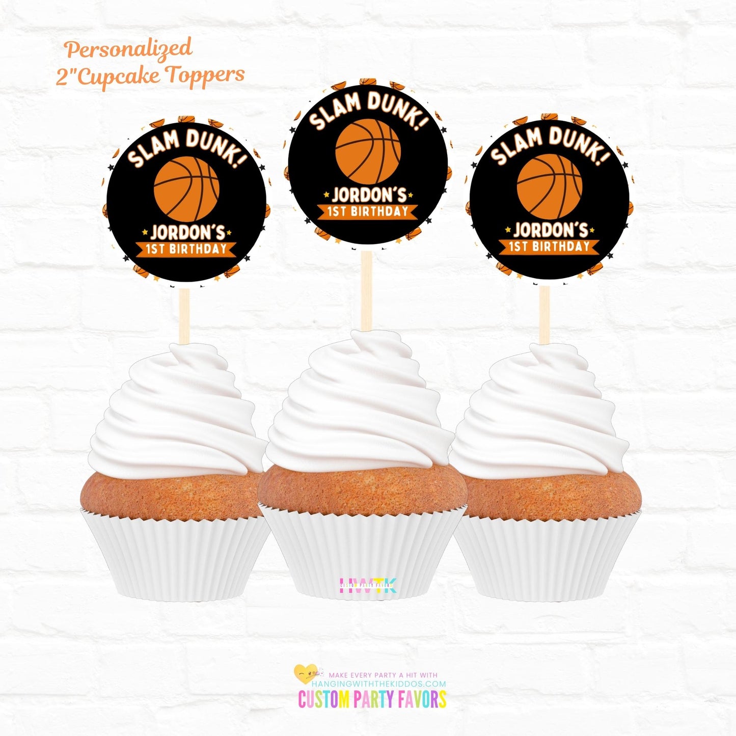Basketball Birthday Party Personalized Cupcake Toppers 12pc