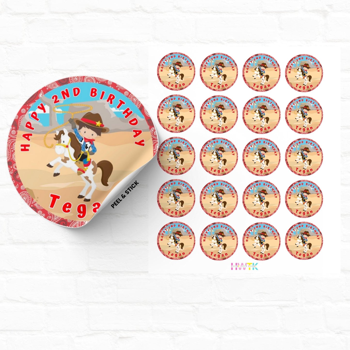 Cowboy Birthday Party 2" Personalized Round Stickers