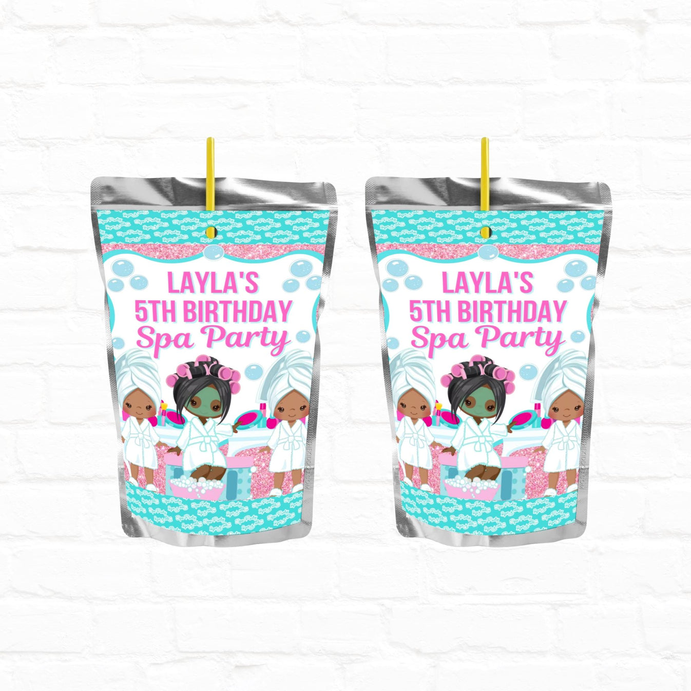 Girls Spa Party Turquoise Birthday Personalized Juice Pouch Labels