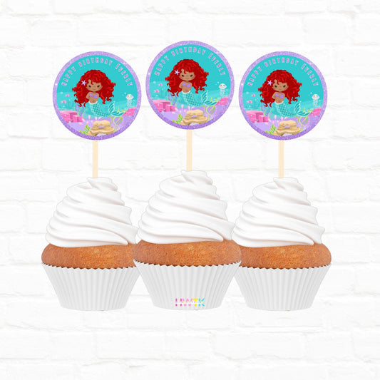 Little Mermaid Party Personalized 2” round Cupcake Toppers 12pc