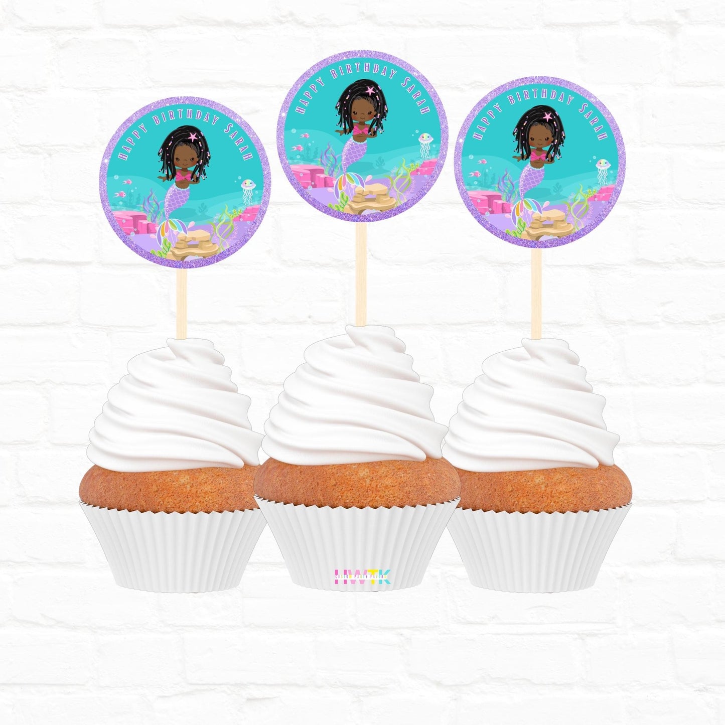 Little Mermaid Party Personalized 2” round Cupcake Toppers 12pc|02