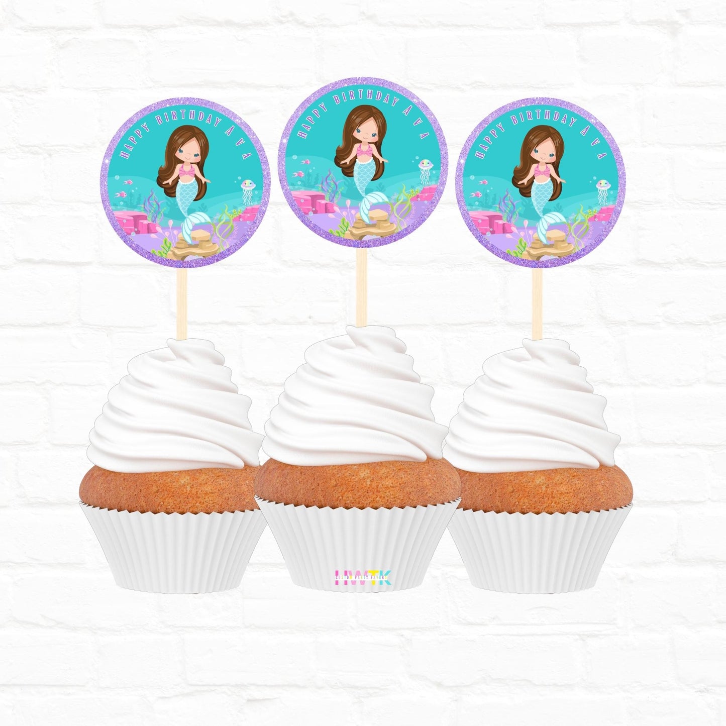 Little Mermaid Party Personalized 2” round Cupcake Toppers 12pc|04