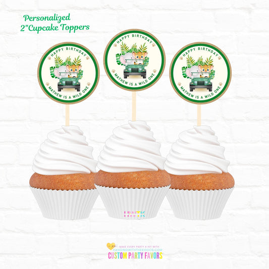 Safari Birthday Wild One Personalized Cupcake Toppers 12pc