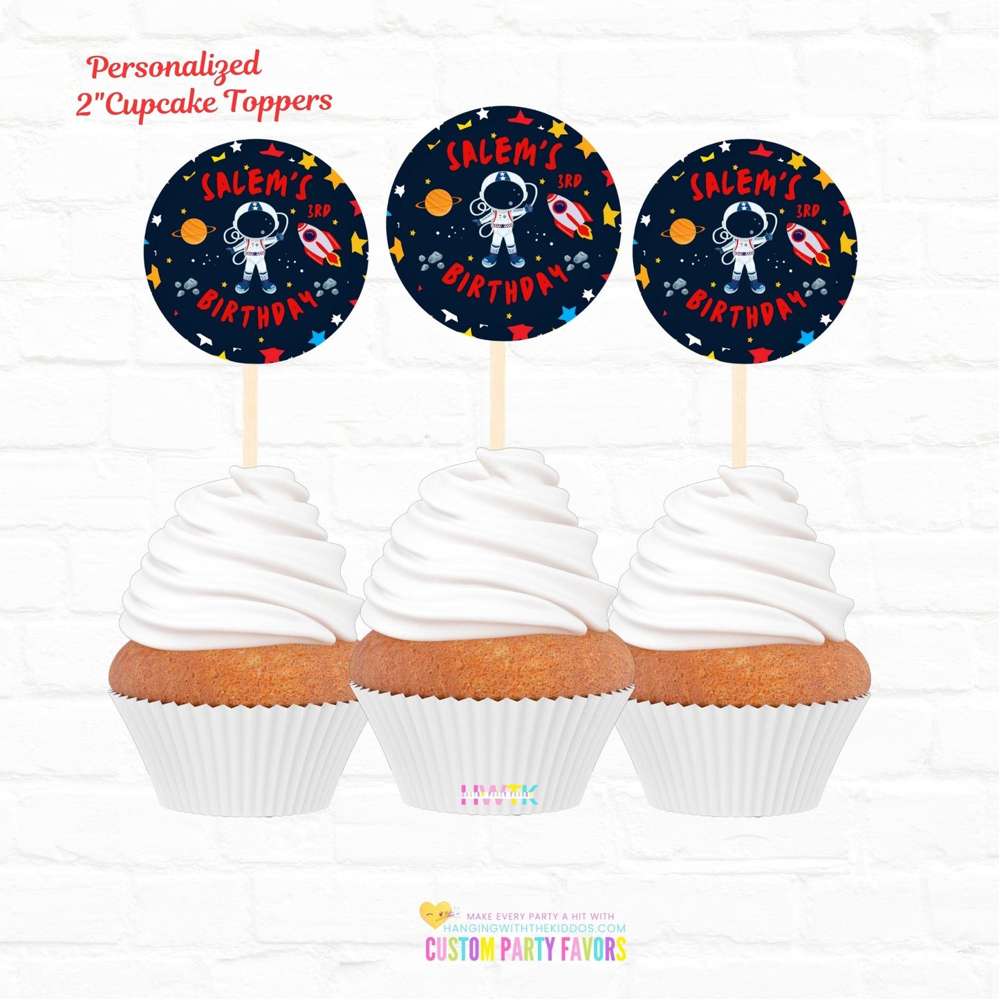 Space Birthday Astronaut Personalized Cupcake Toppers 12pc