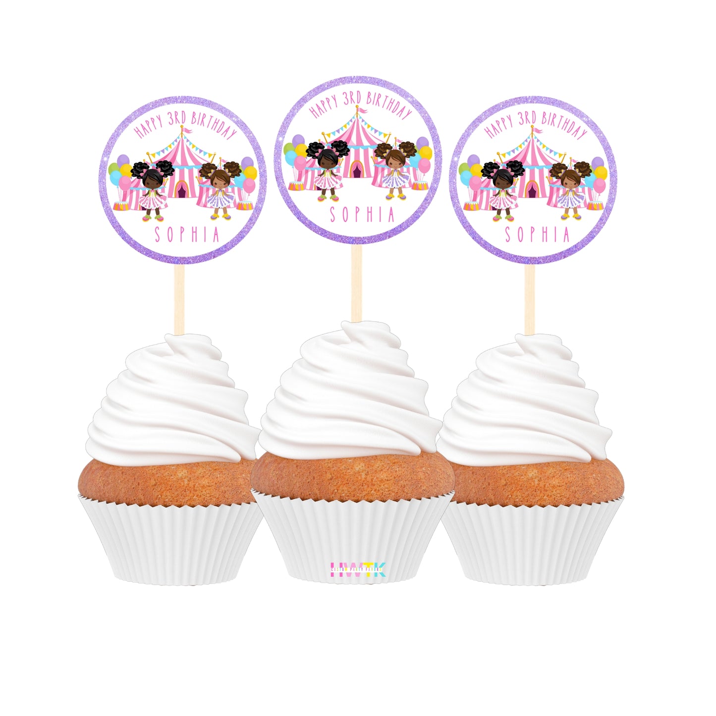 Circus Birthday Pastel Carnival  Personalized 2” round Cupcake Toppers 12pc
