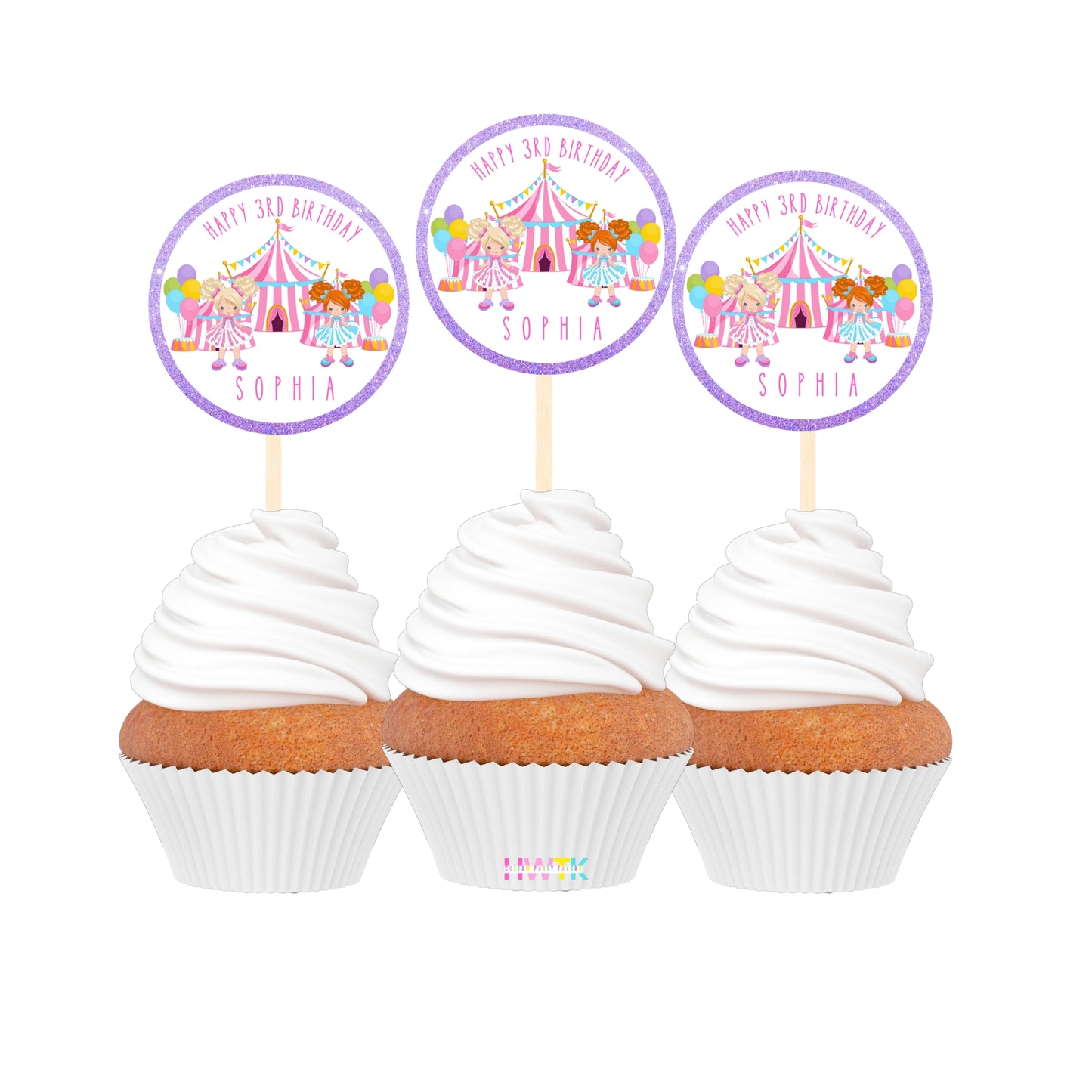 Circus Birthday Pastel Carnival  Personalized 2” round Cupcake Toppers 12pc