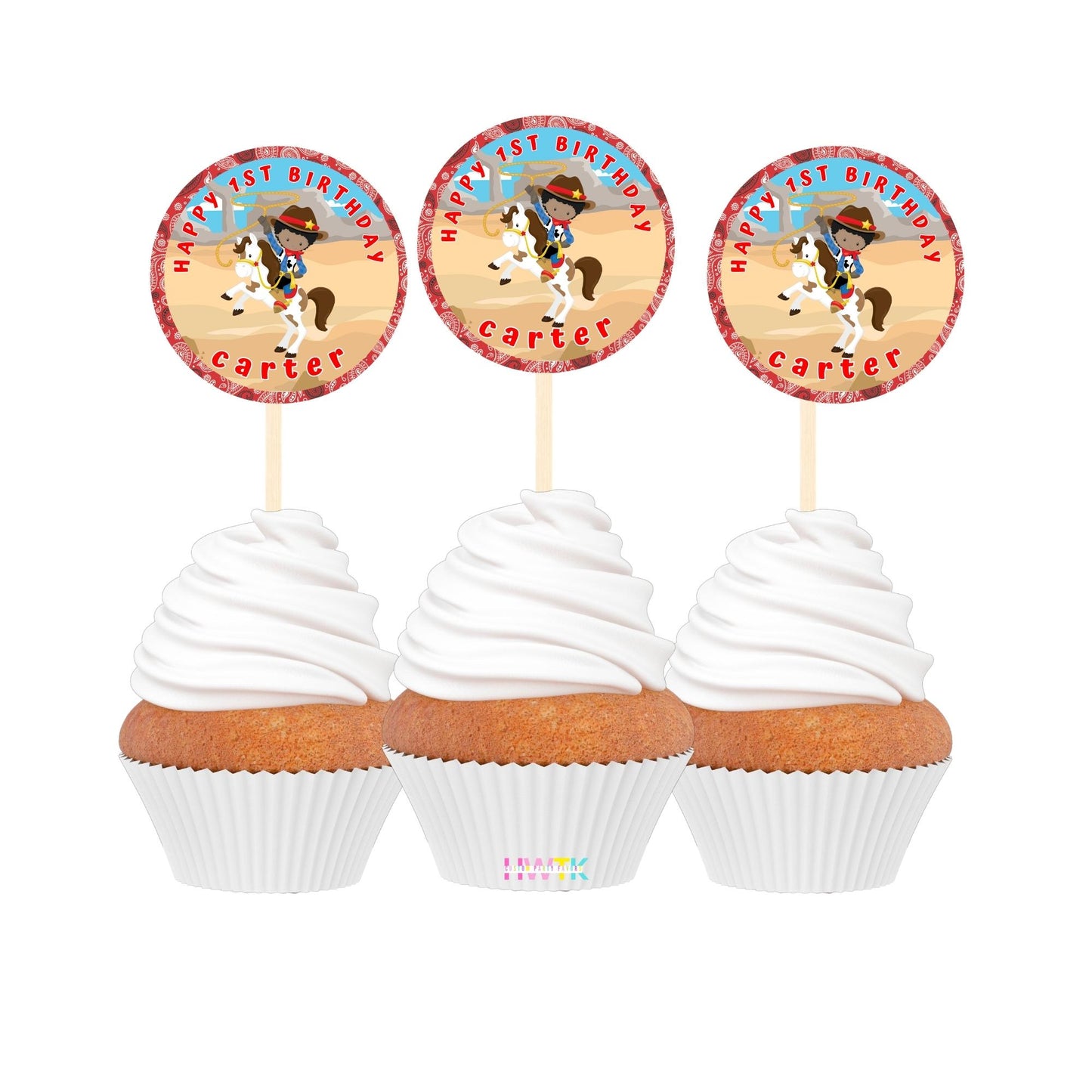 Cowboy Birthday Party Personalized 2” round Cupcake Toppers 12pc