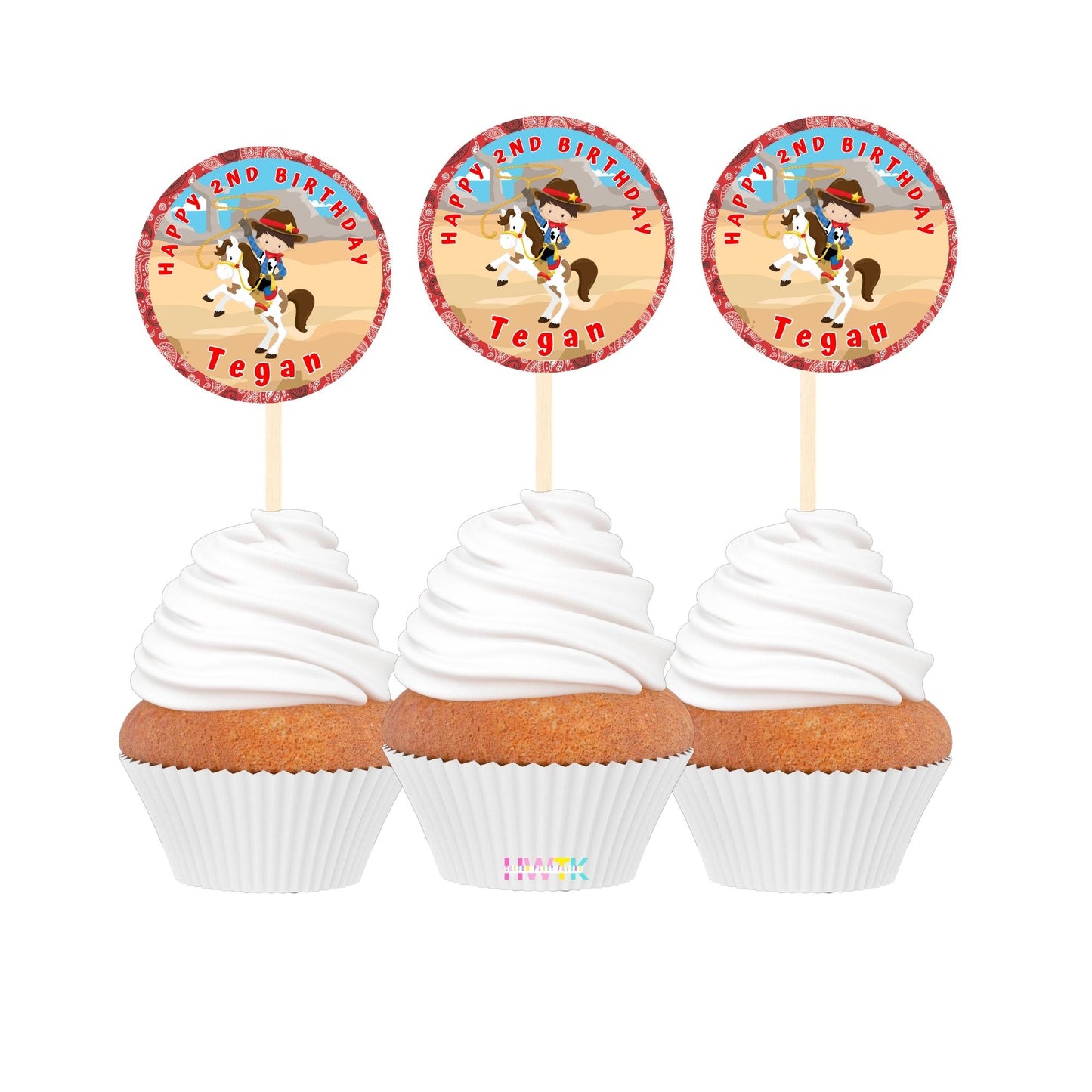 Cowboy Birthday Party Personalized 2” round Cupcake Toppers 12pc