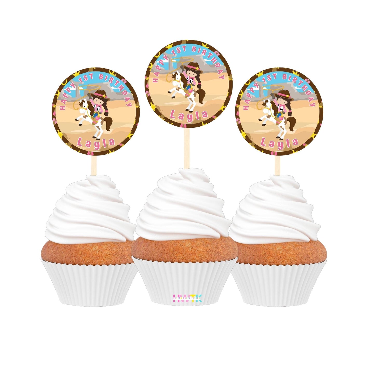 Cowgirl Birthday Party Personalized 2” round Cupcake Toppers 12pc