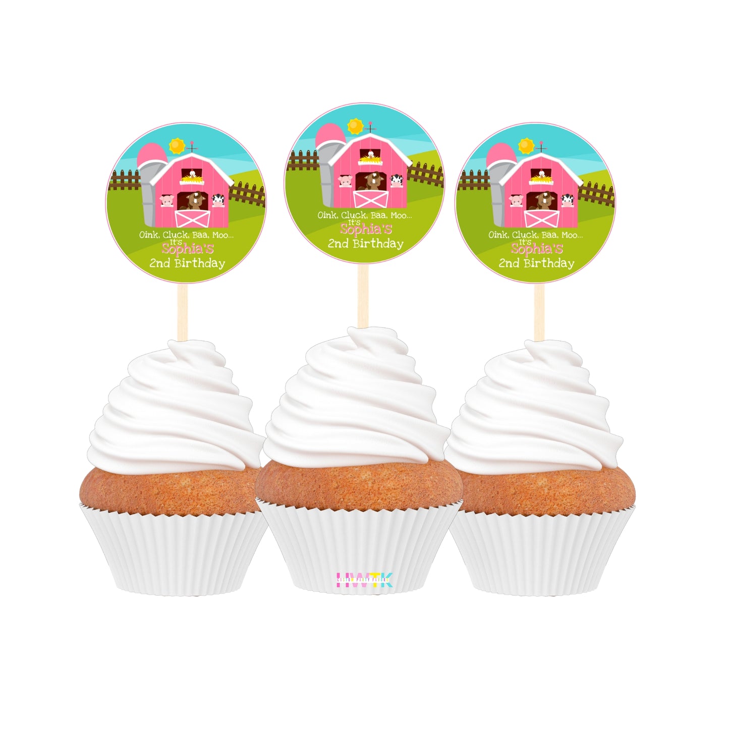 Pink Barnyard Farm Birthday Personalized 2” round Cupcake Toppers 12pc