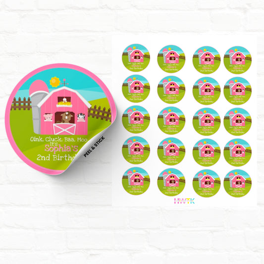 Pink Barnyard Farm Birthday  2" Personalized Round Stickers