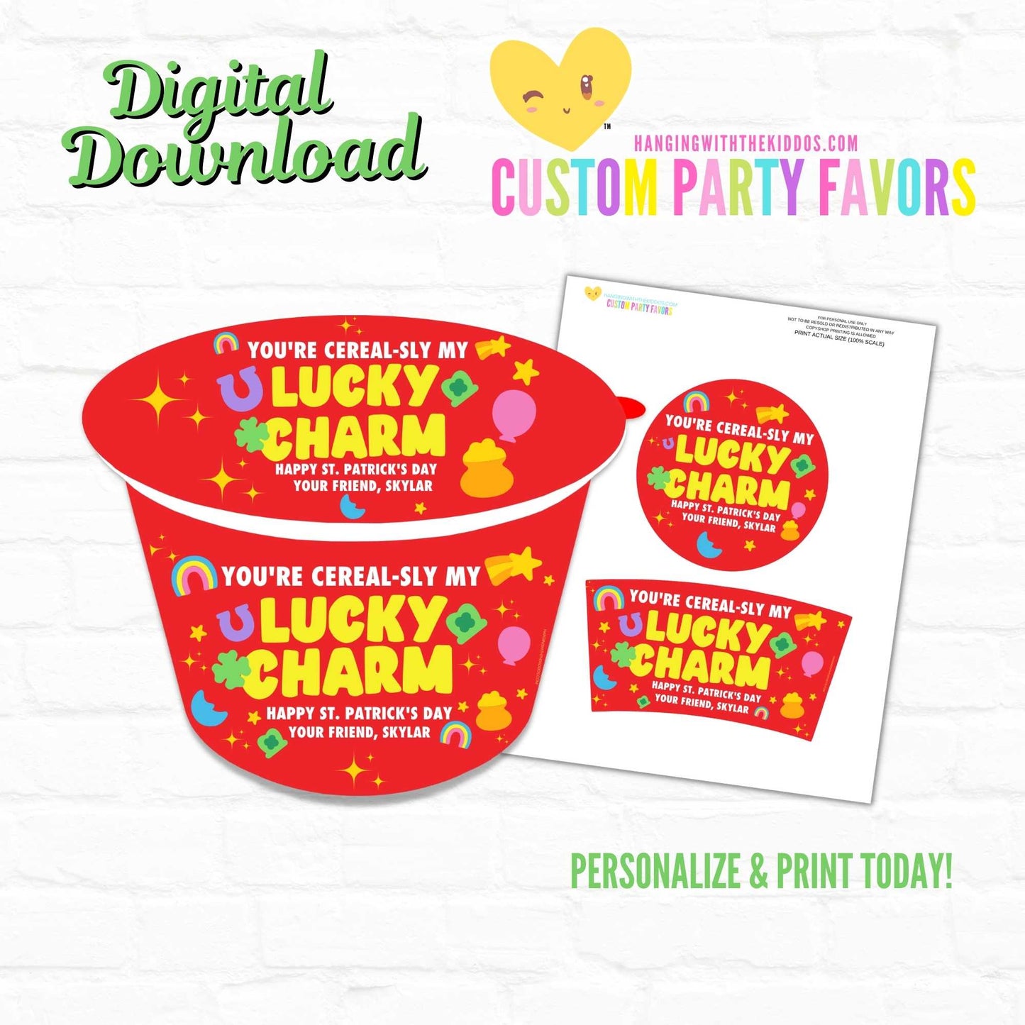 St. Patrick's Day Cereal Cup Label| Personalized Cereal Party favor|Instant Download
