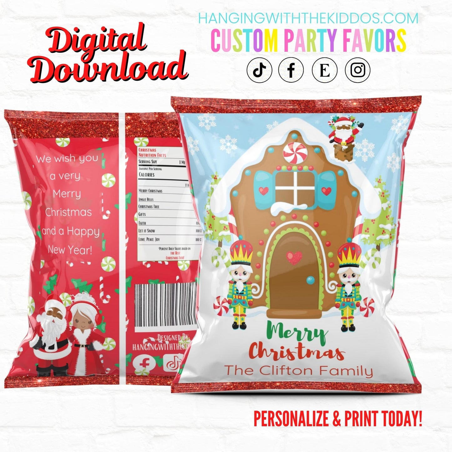 Christmas Personalized Party Favor Chip Bags Black Santa| Digital Download