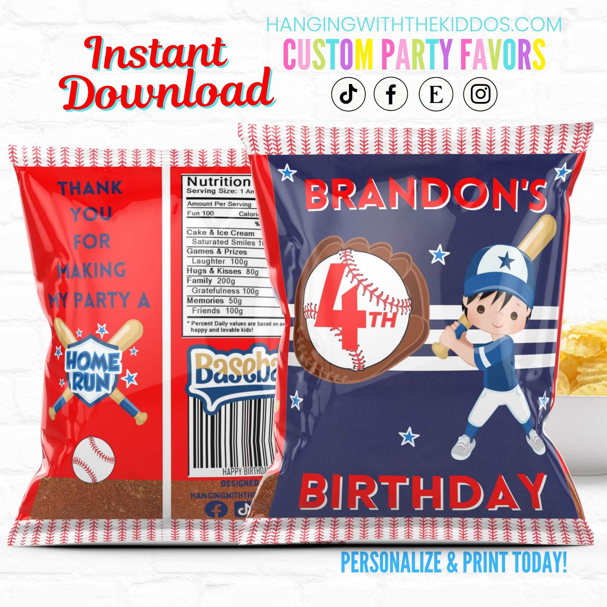 Baseball Birthday Party Favor Personalized Chip Bag Instant Download 02