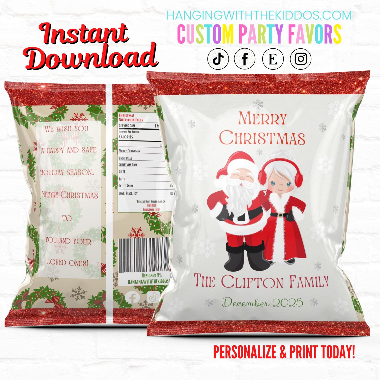 Mr and Mrs Santa Christmas Chip Bags|Instant Download 02