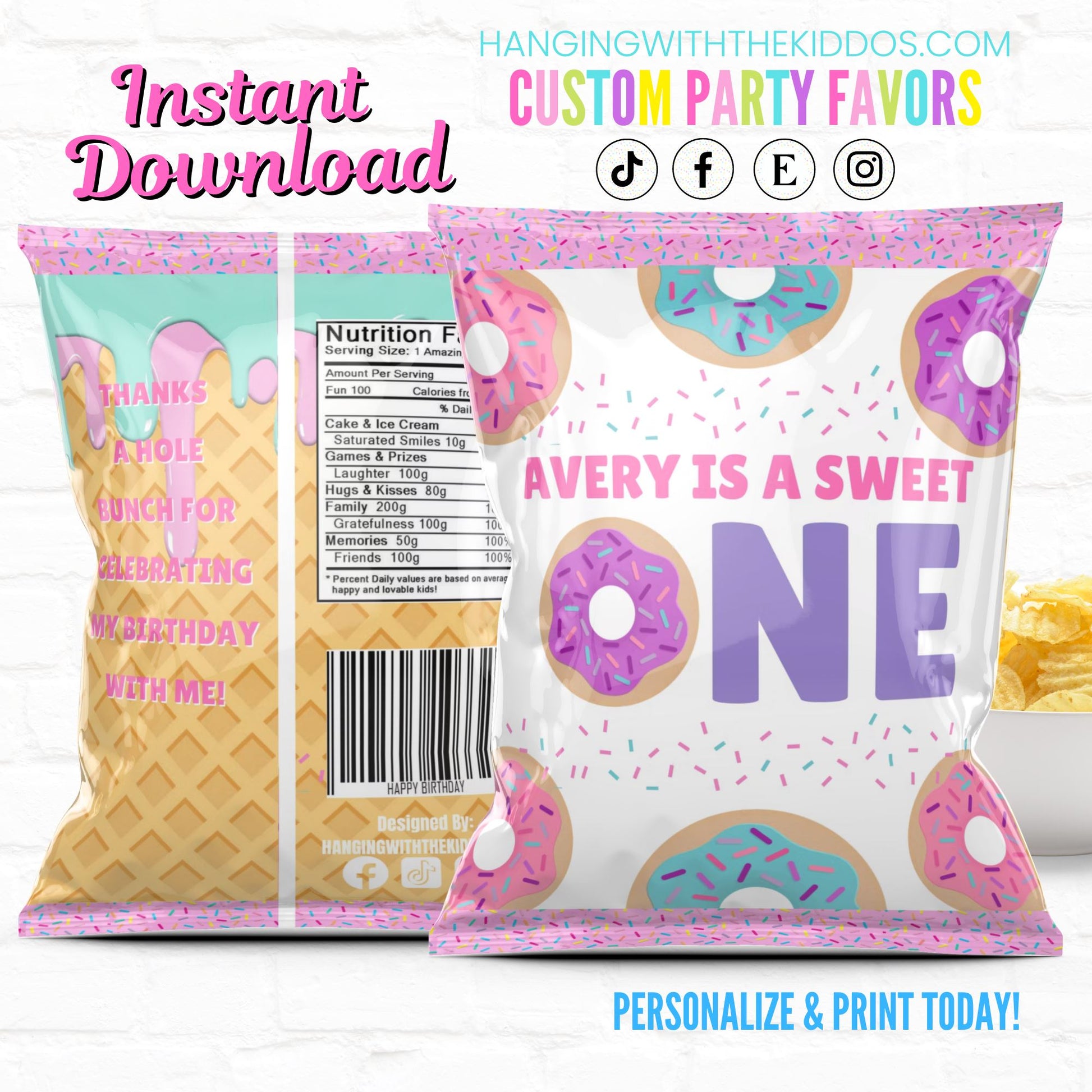 Donut Birthday Sweet One Chip Bags|Instant Download