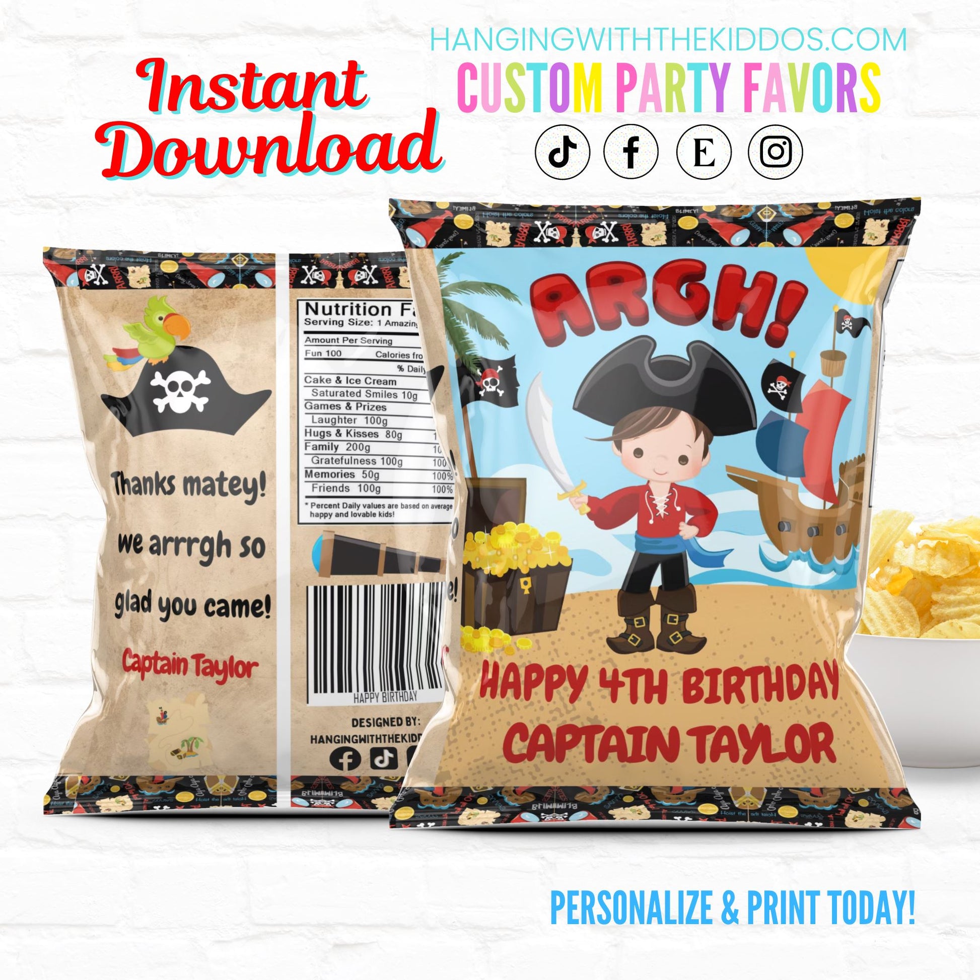 Pirate Birthday Party Favors Personalized Chip Bags Instant Download 02