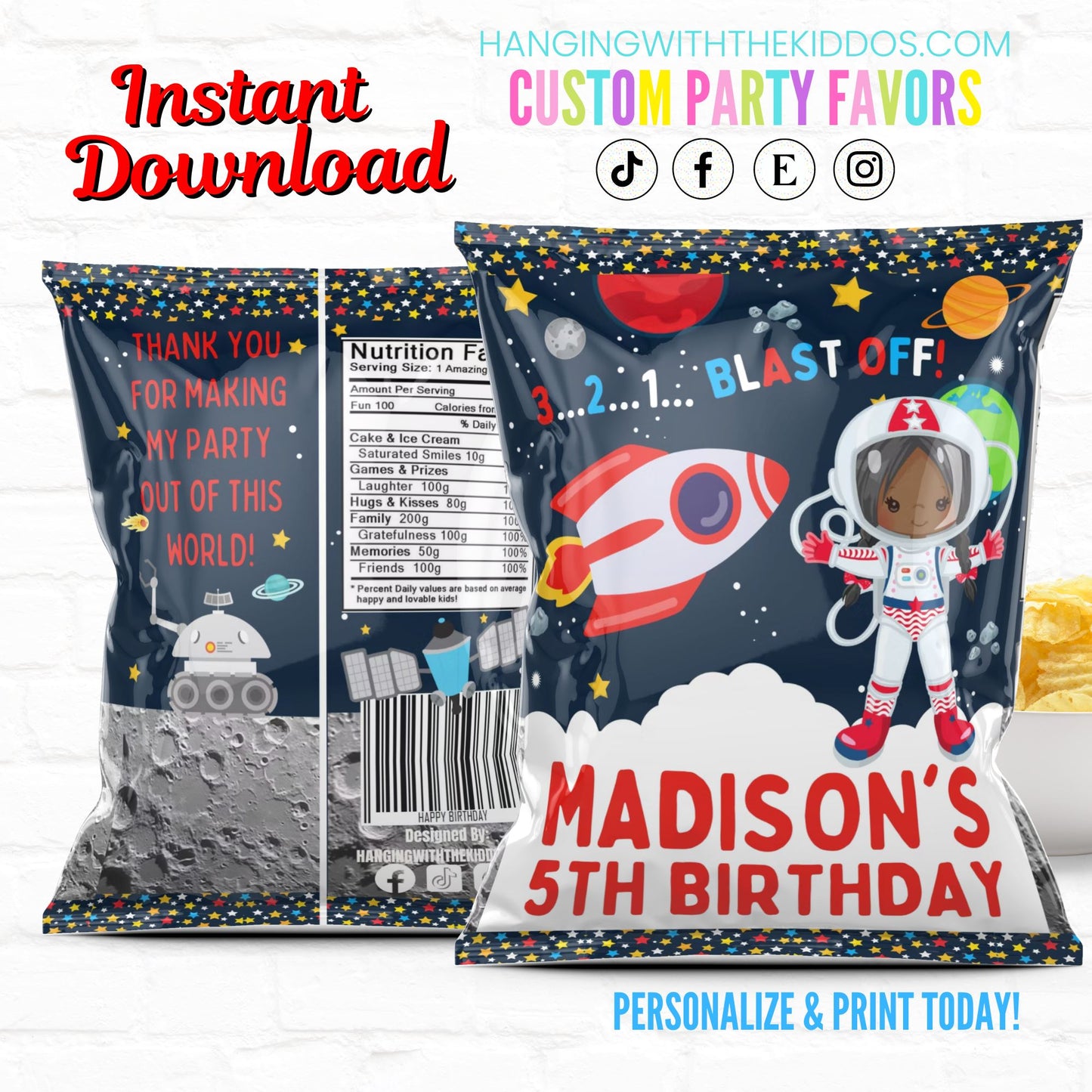 Space Birthday Personalized Party Favor Chip Bag Girl Astronaut|Instant Download