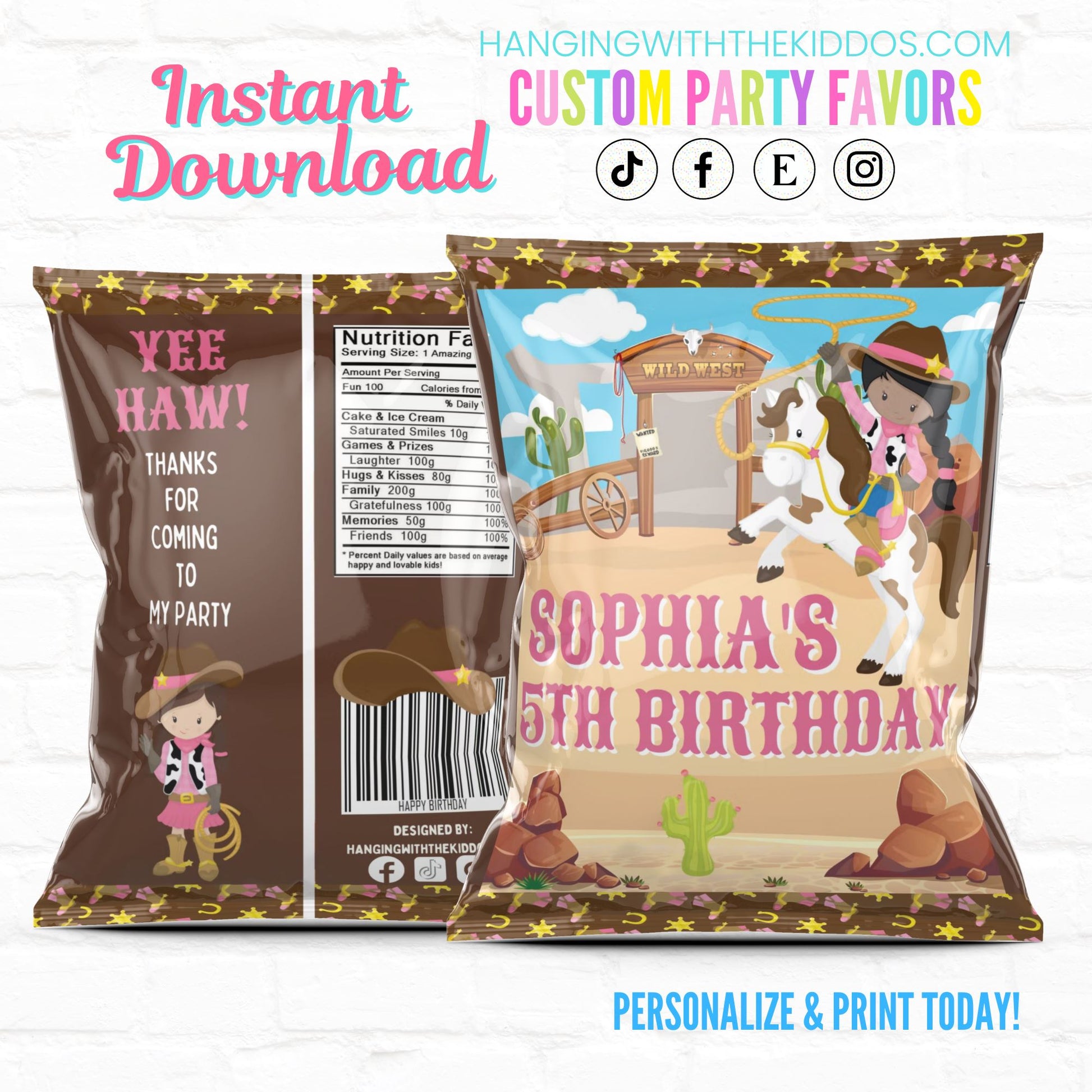 Cowgirl Birthday Party Favor Personalized Chip Bags| Instant Download