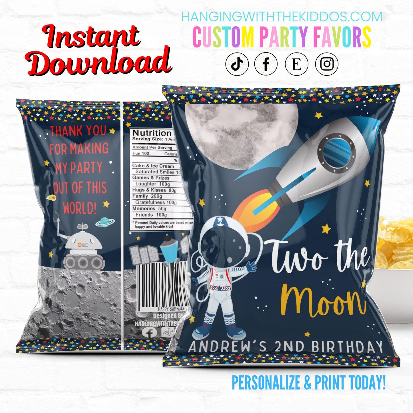 Two the Moon Space Birthday Personalized Party Favor Chip Bag Astronaut|Instant Download 02