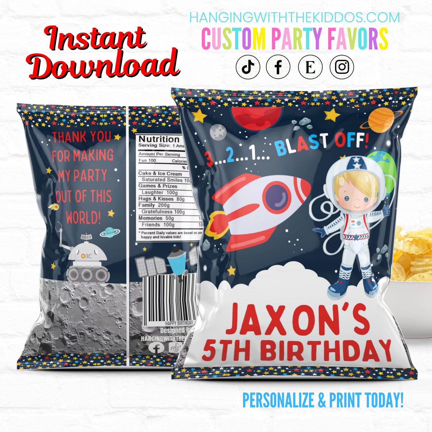 Space Birthday Personalized Party Favor Chip Bag Boy Astronaut|Instant Download