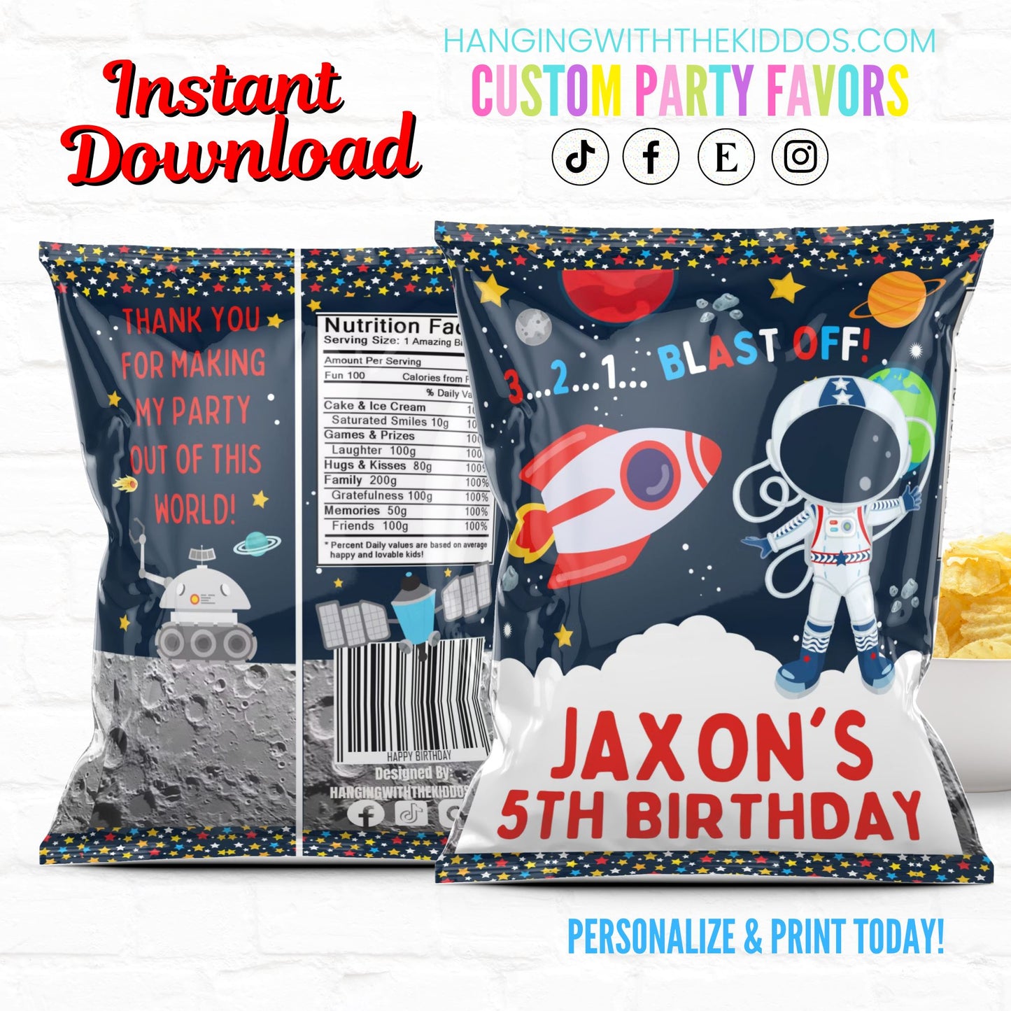 Space Birthday Personalized Party Favor Chip Bag Astronaut|Instant Download