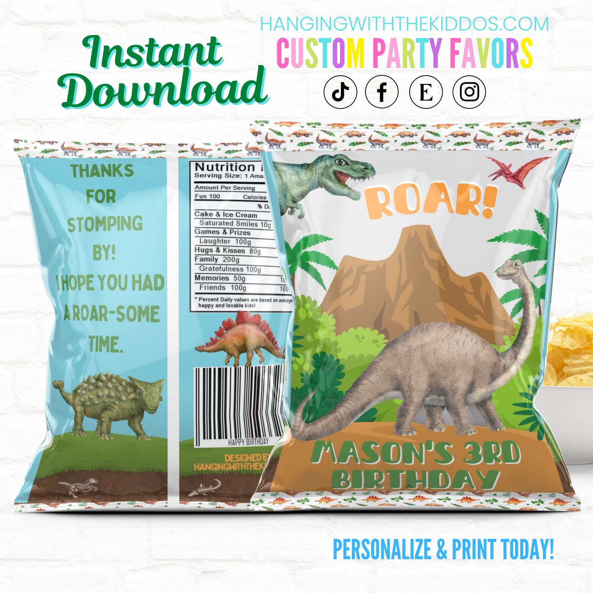 Dinosaur Birthday Party Favor Personalized Chip Bag Instant Download