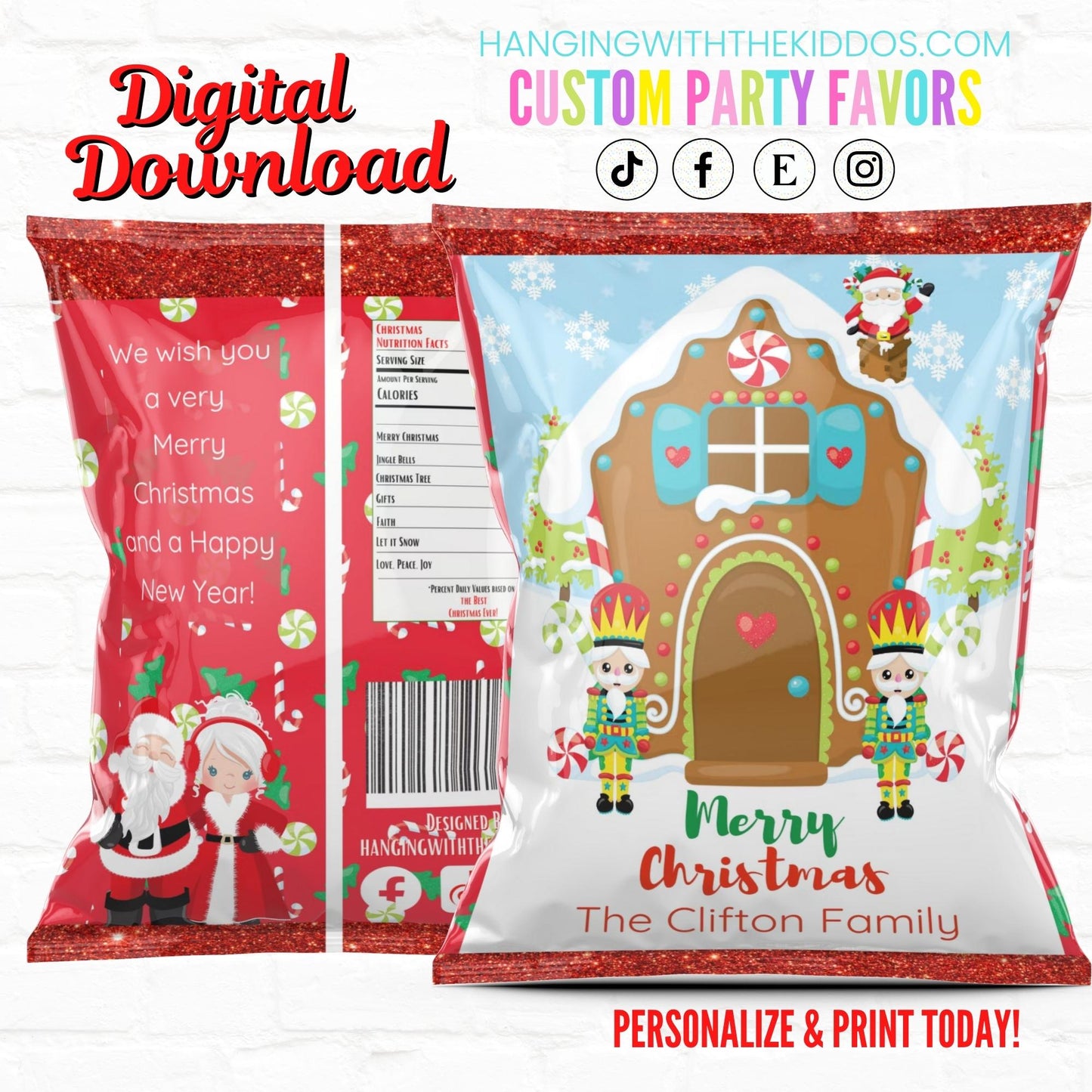 Christmas Personalized Party Favor Chip Bags Santa Claus| Digital Download