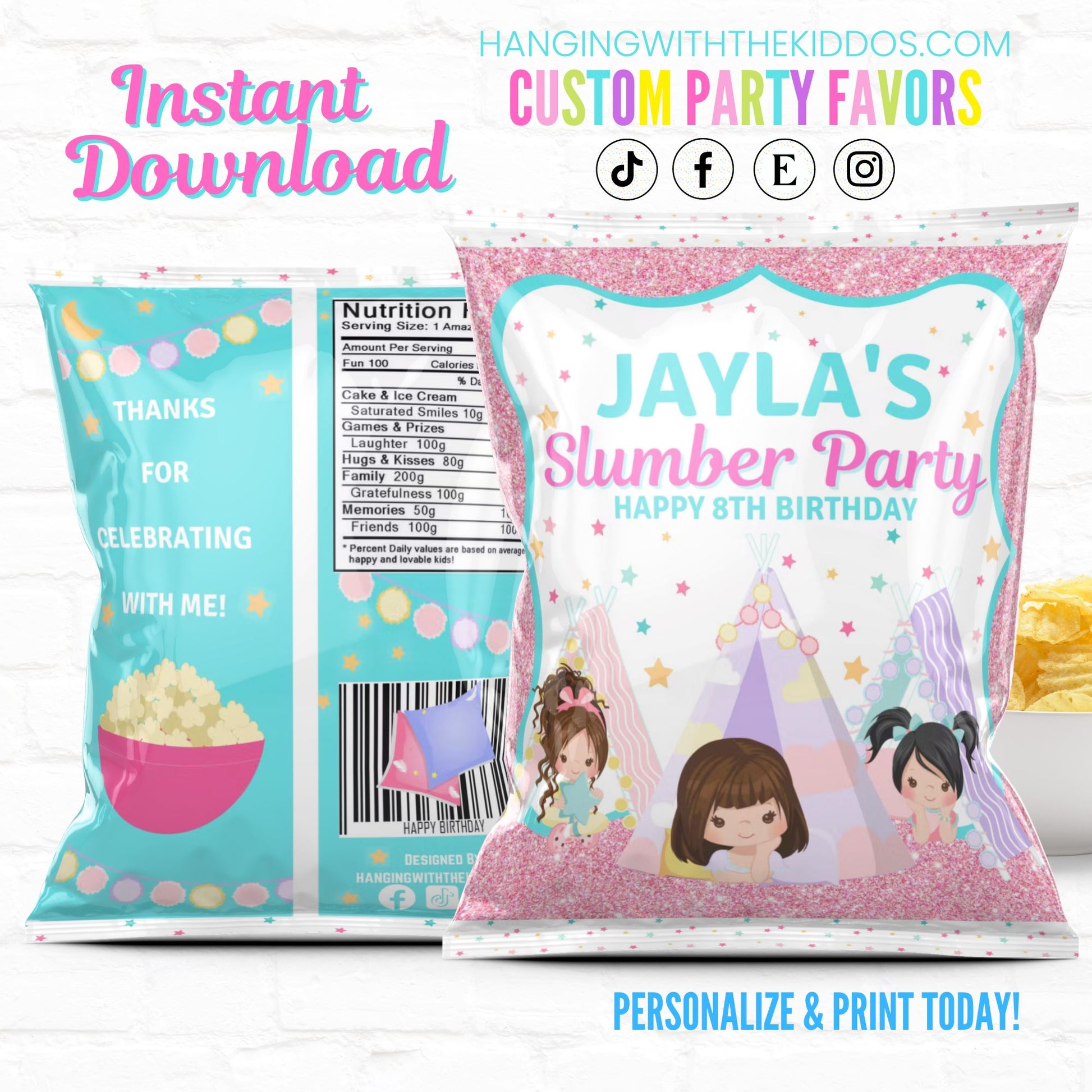 Tween Slumber Party Birthday Personalized Chip Bags| Instant Download 2