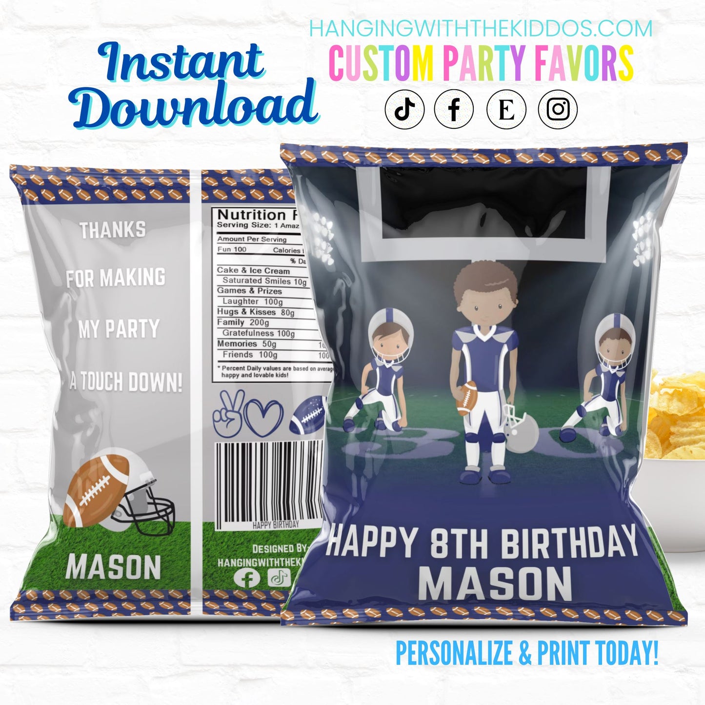 Football Birthday Party Favors Personalized Chip Bags Instant Download