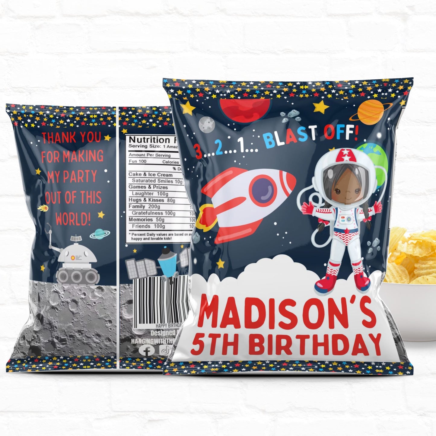Space Birthday Personalized Party Favor Chip Bag Girl Astronaut|Instant Download