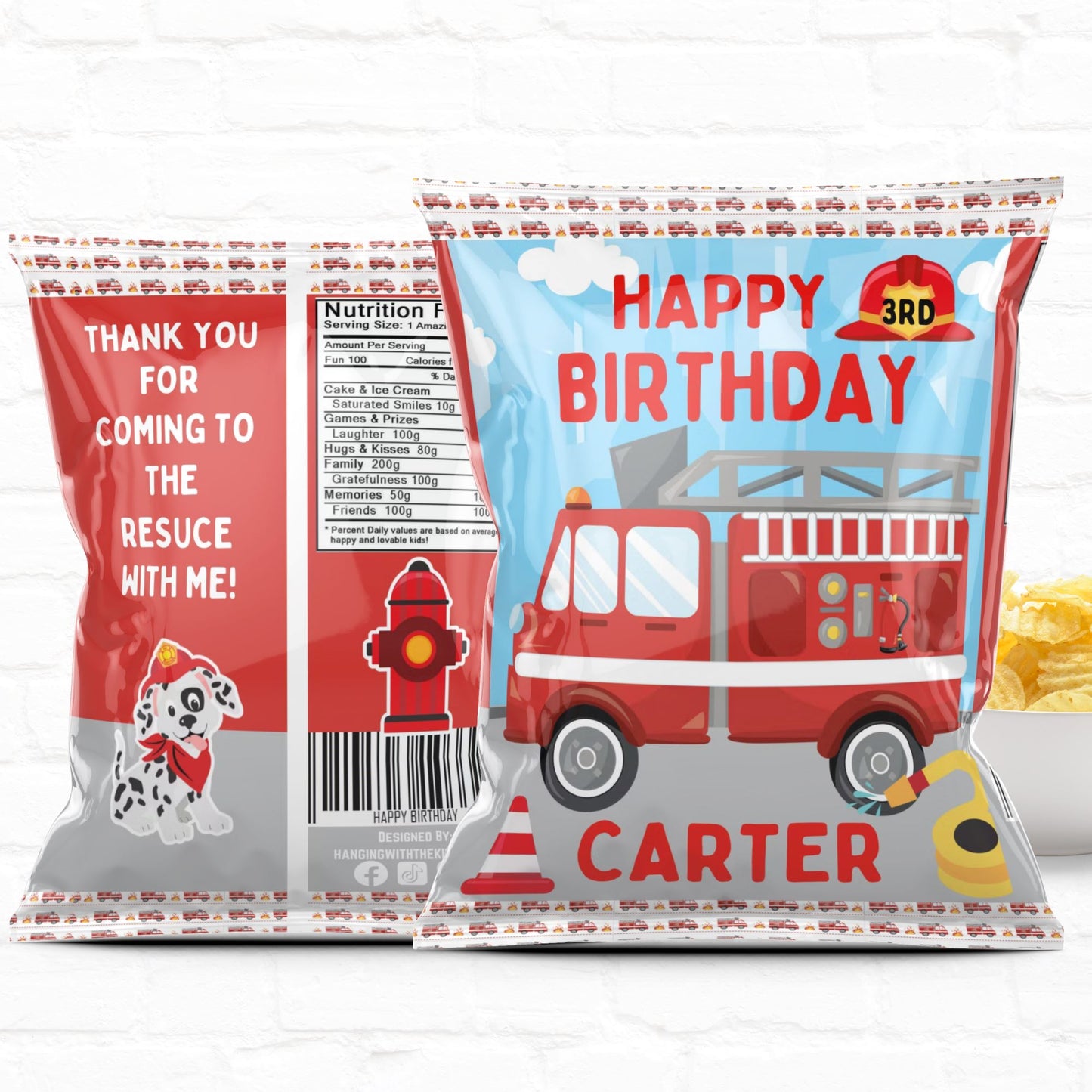 Fire Truck Firefighter Birthday Party Favor Personalized Chip Bags Instant Download
