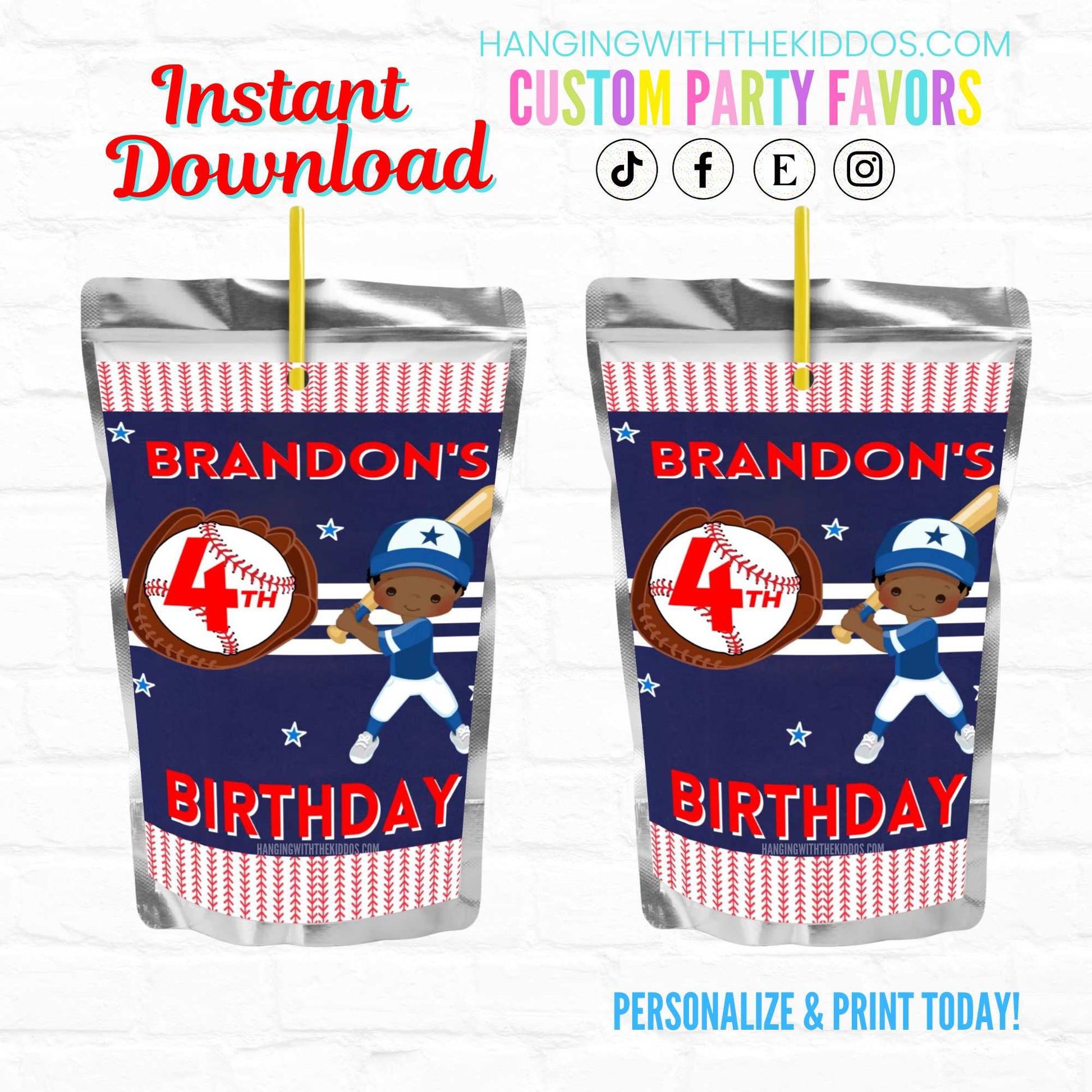 Baseball Birthday Party Personalized Juice Pouch Labels| Instant Download 01
