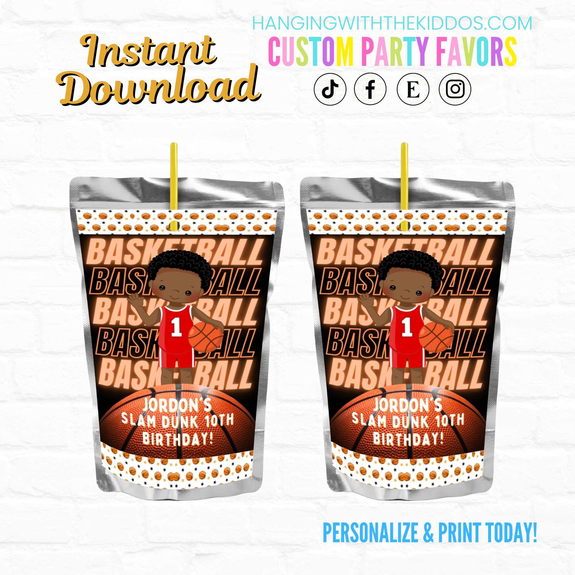 Boy Basketball Birthday Party Personalized Juice Pouch Labels| Instant Download