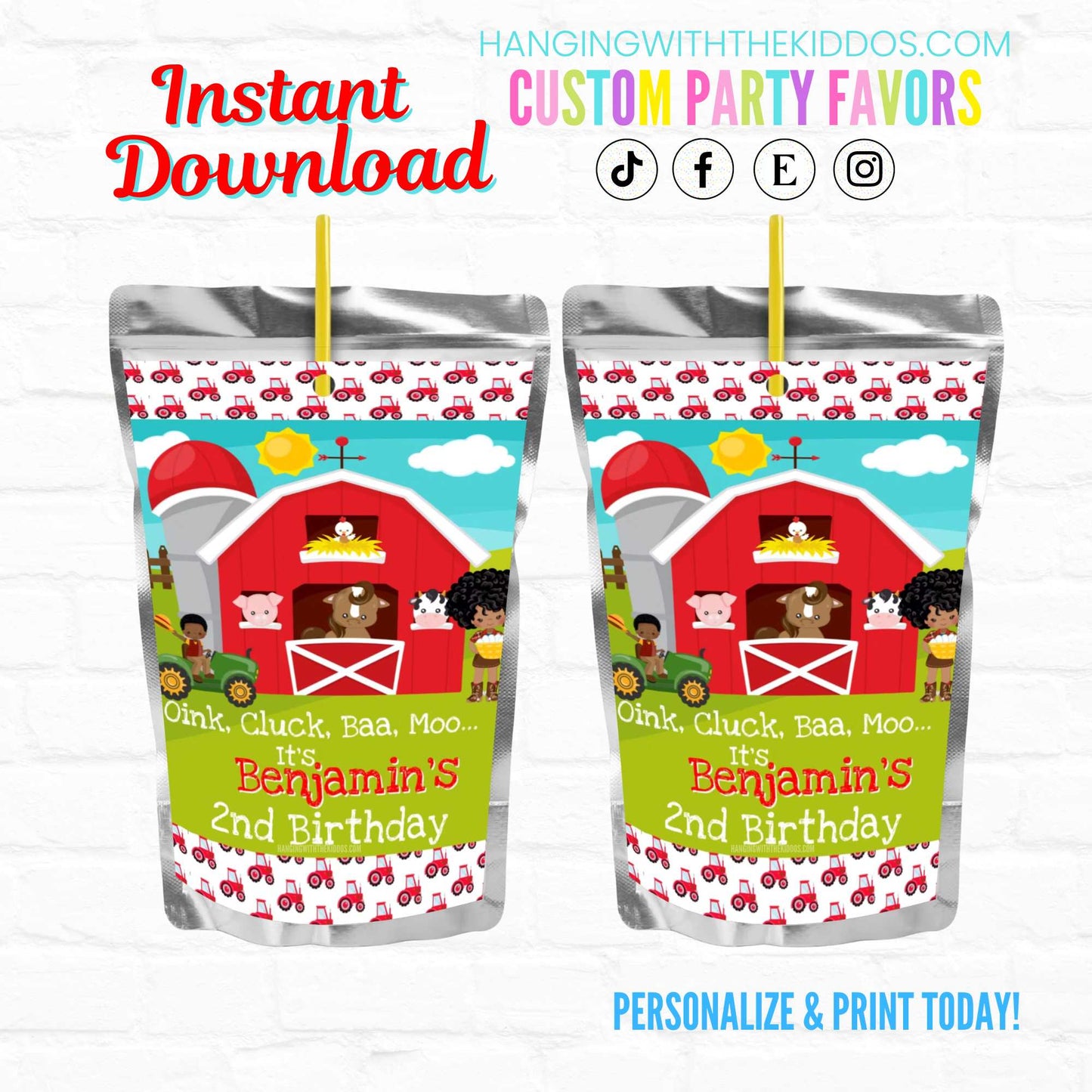 Barnyard Farm Birthday Personalized Juice Pouch Labels| Instant Download 02