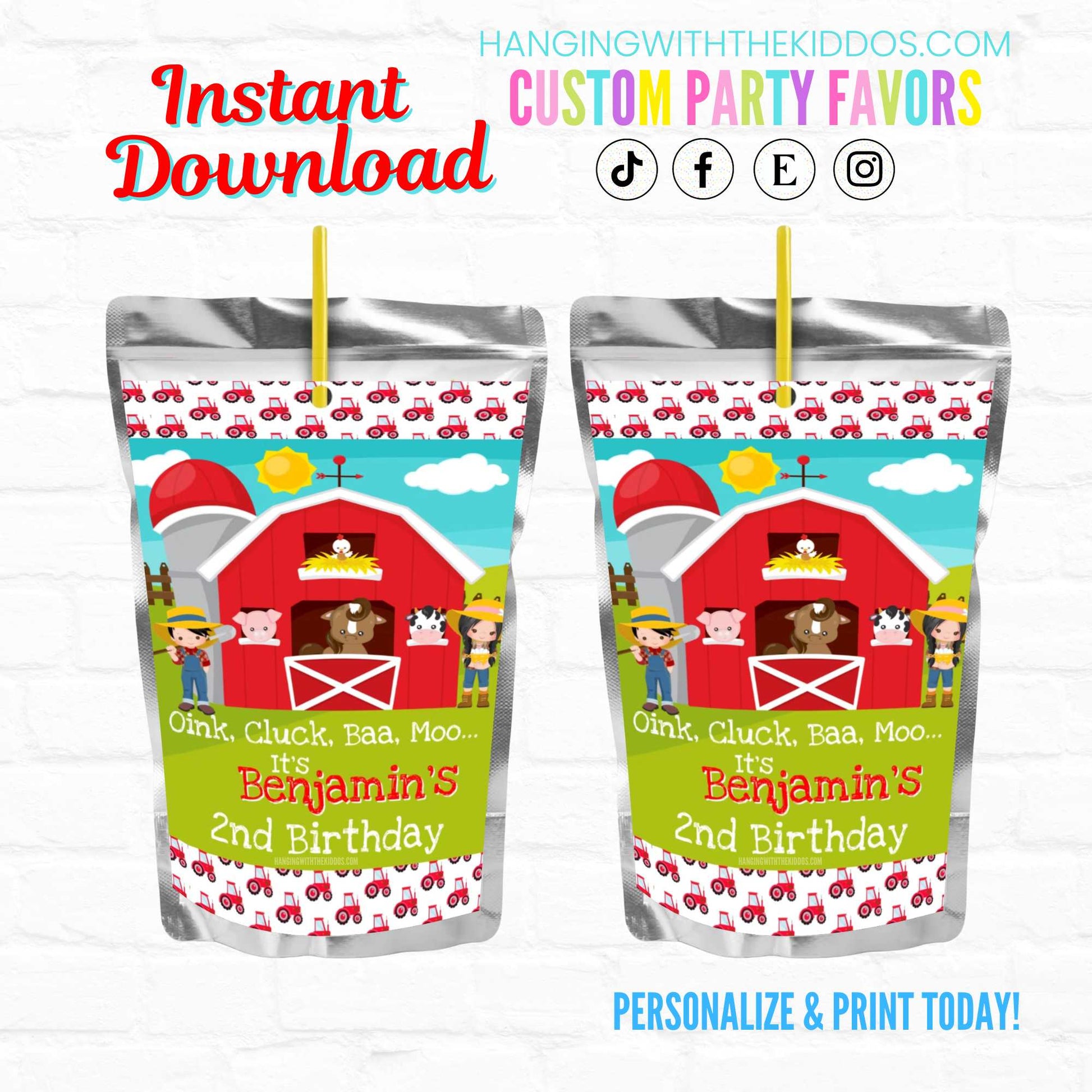 Barnyard Farm Birthday Personalized Juice Pouch Labels| Instant Download 03