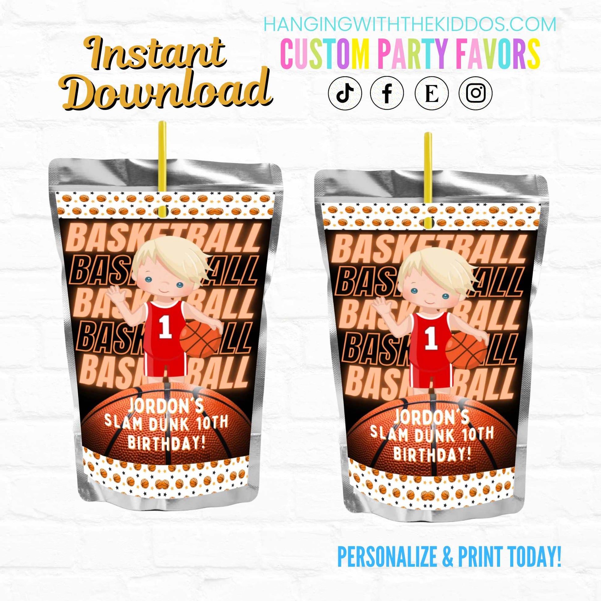 Boy Basketball Birthday Party Personalized Juice Pouch Labels| Instant Download 03