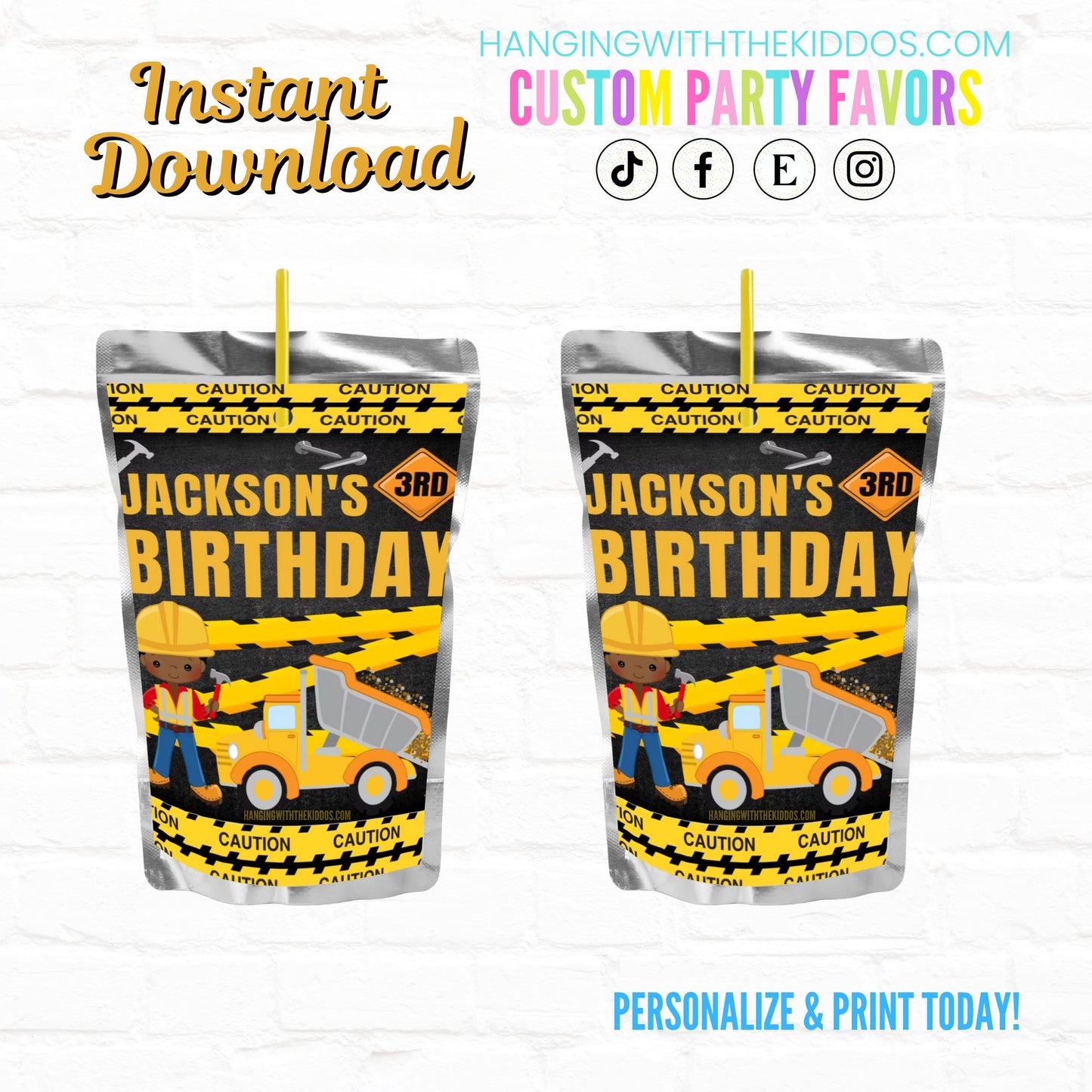 Construction Birthday Party Favor Personalized Juice Pouch Labels|Instant Download 01