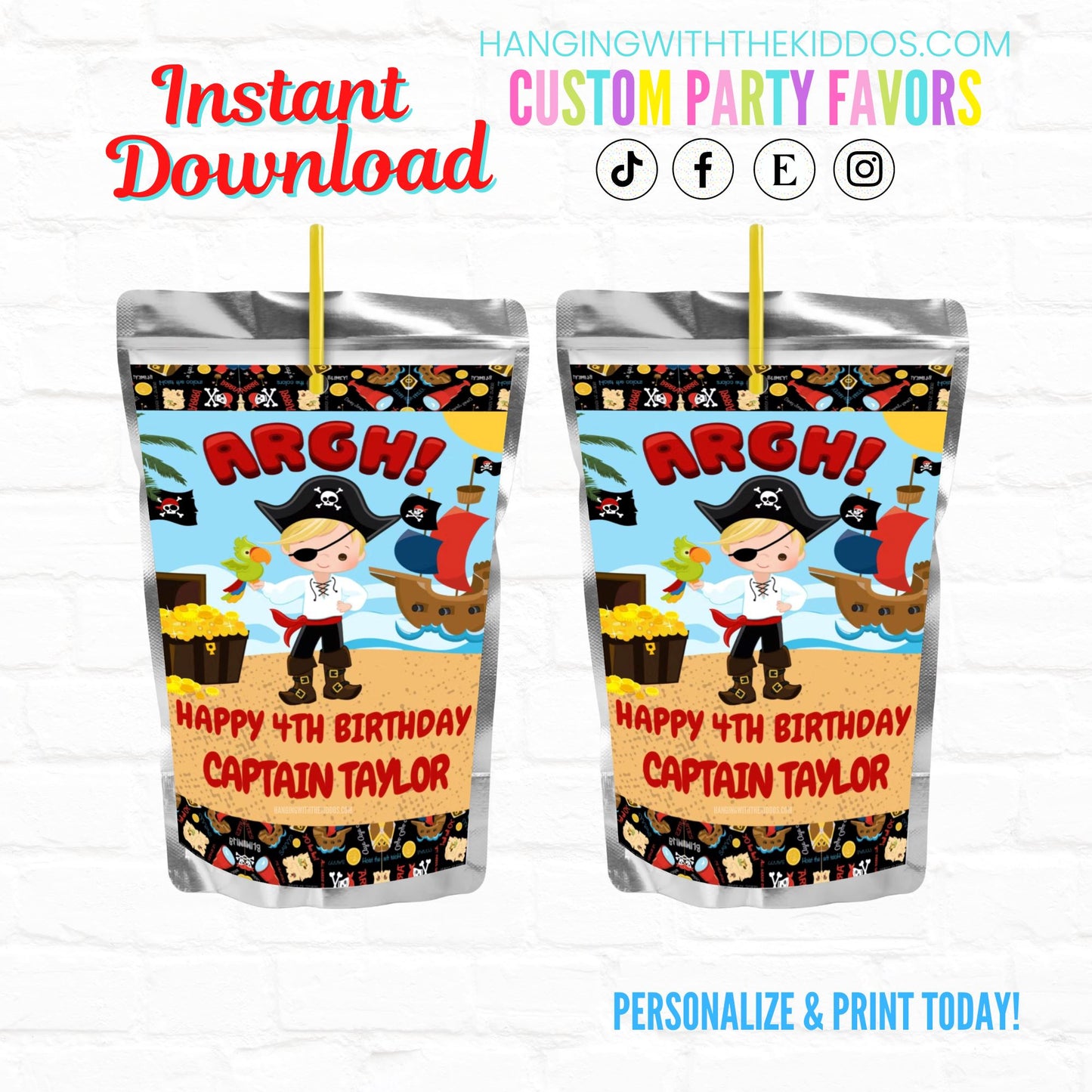 Pirate Birthday Personalized Juice Pouch Labels| Instant Download 03