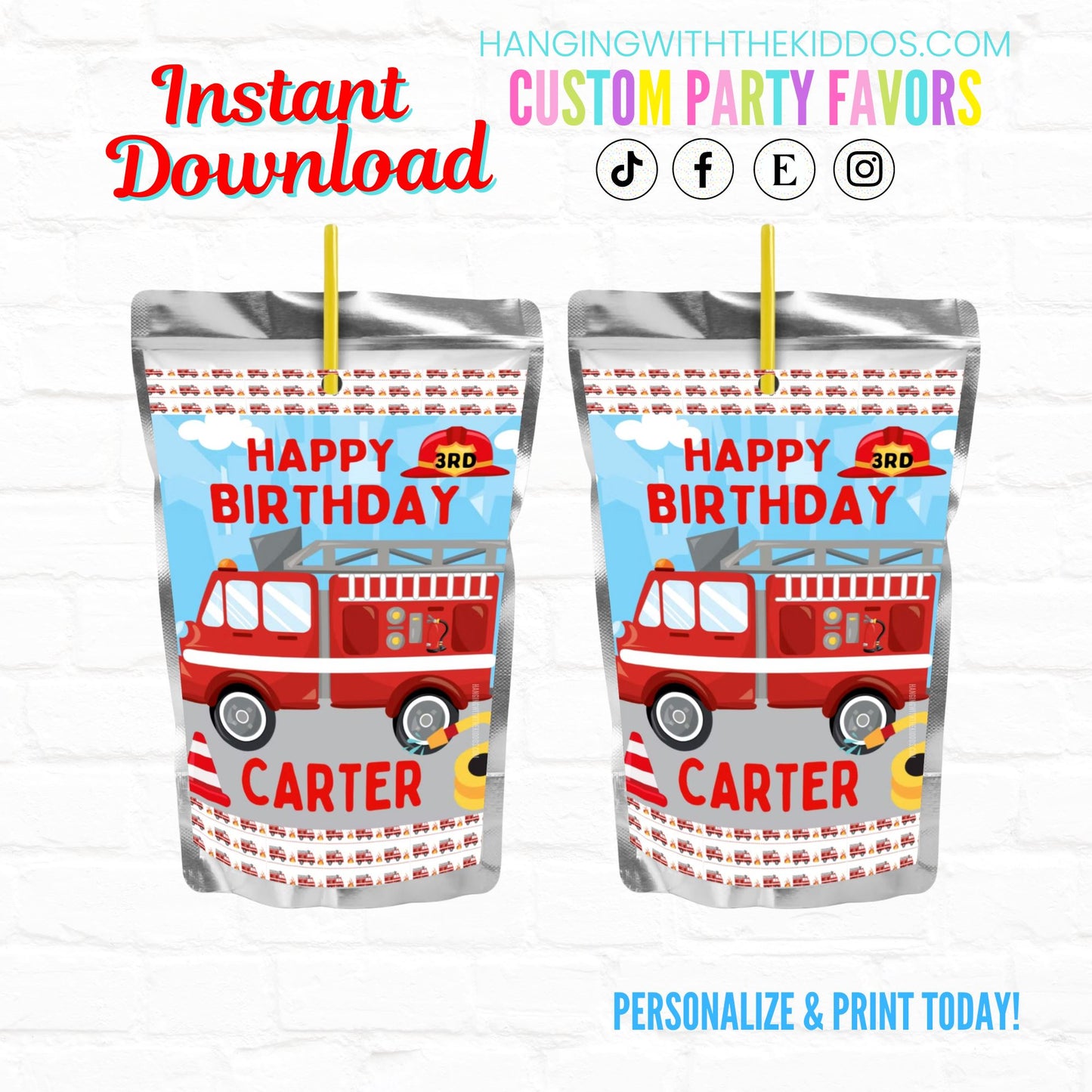 Fire Truck Firefighter Birthday Personalized Juice Pouch Labels| Instant Download