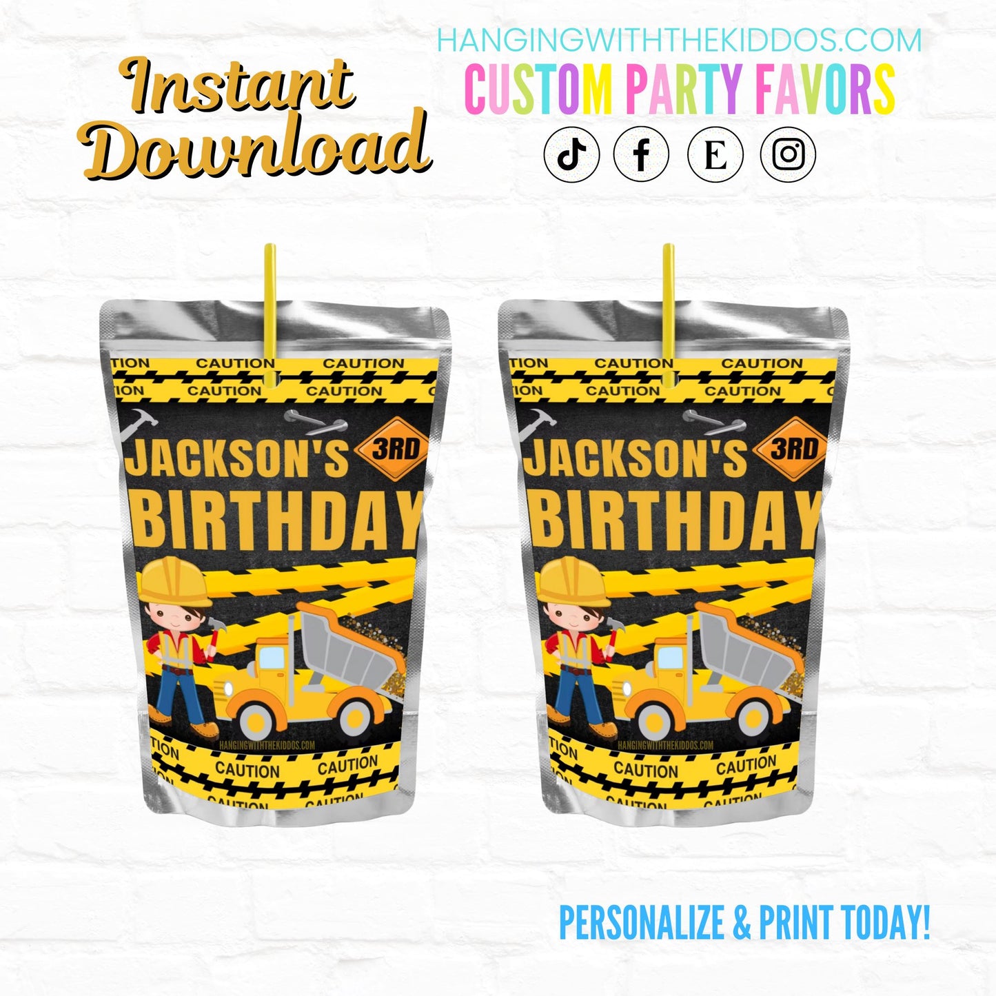 Construction Birthday Party Favor Personalized Juice Pouch Labels|Instant Download 02