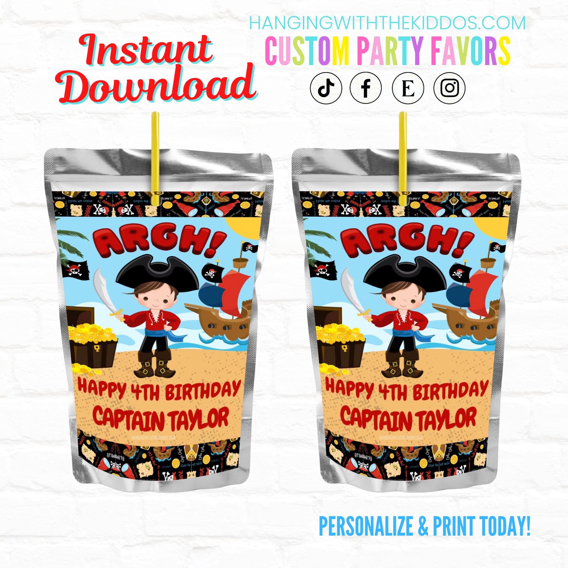 Pirate Birthday Personalized Juice Pouch Labels| Instant Download 02