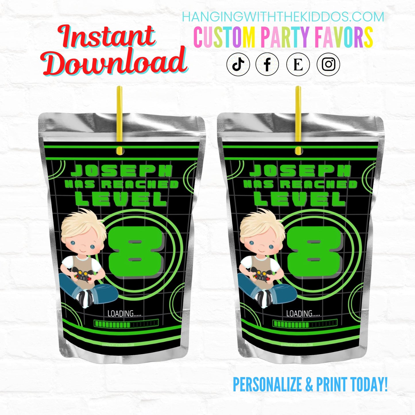 Video Game Birthday Party Personalized Juice Pouch Labels| Instant Download 04