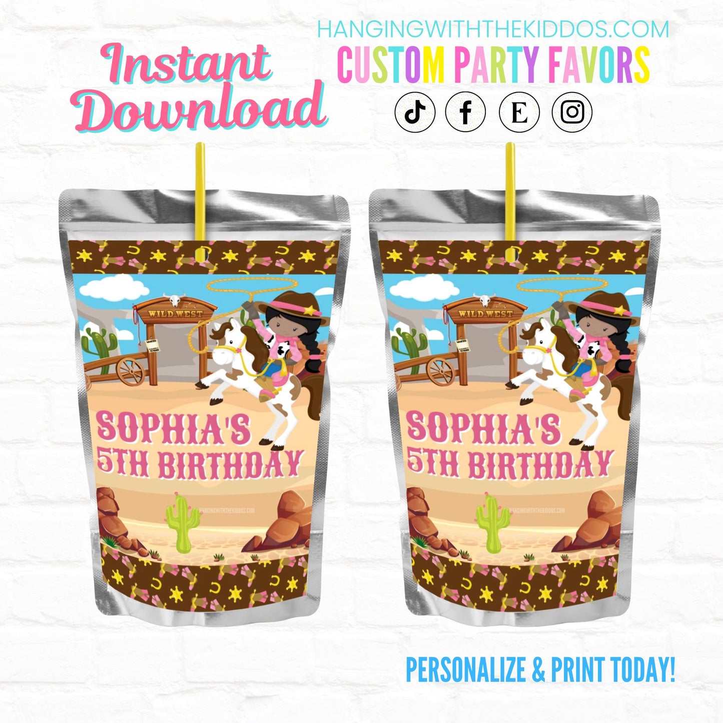 Cowgirl Personalized Juice Pouch Labels| Instant Download 01