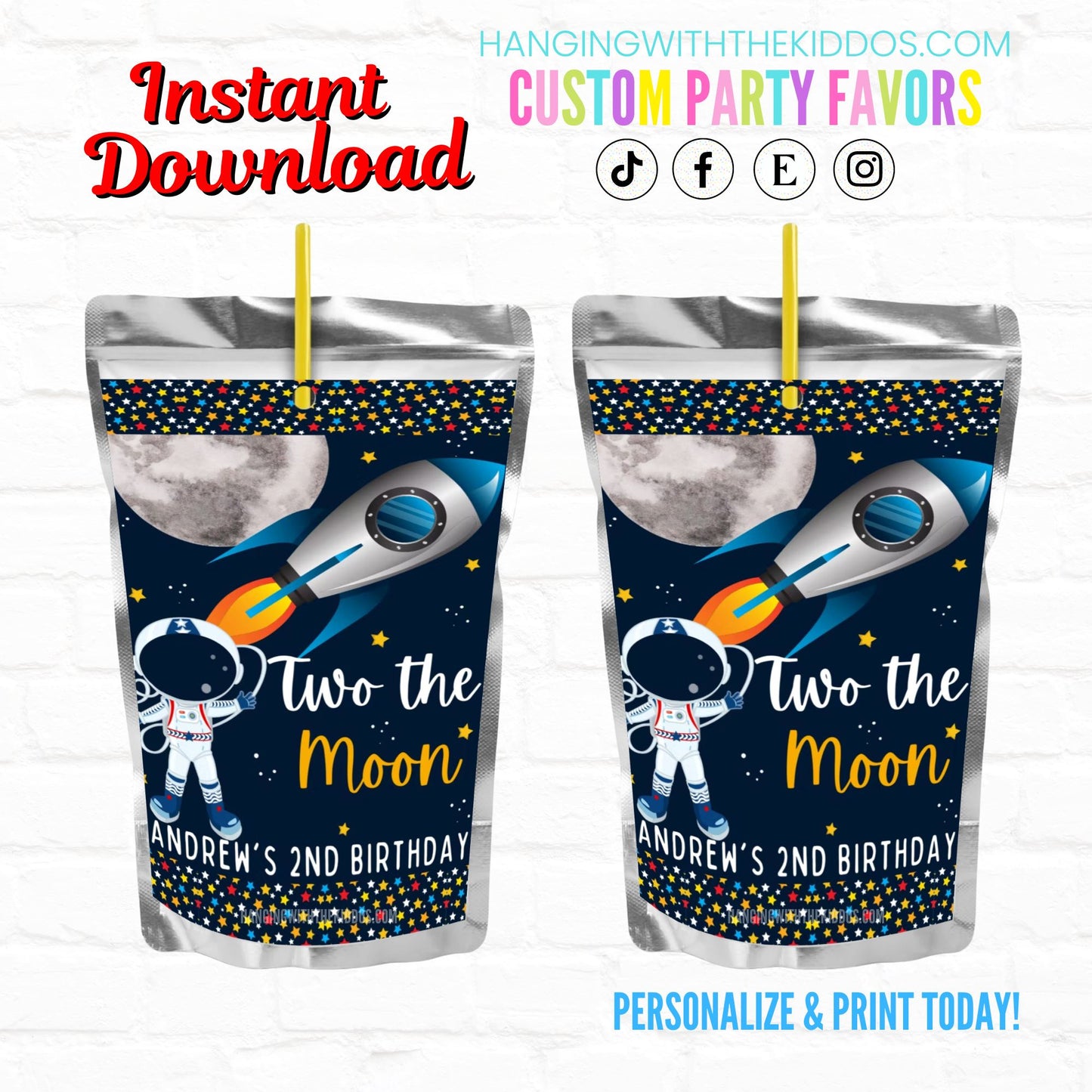 Two the Moon Space Birthday Personalized Juice Pouch Labels| Instant Download