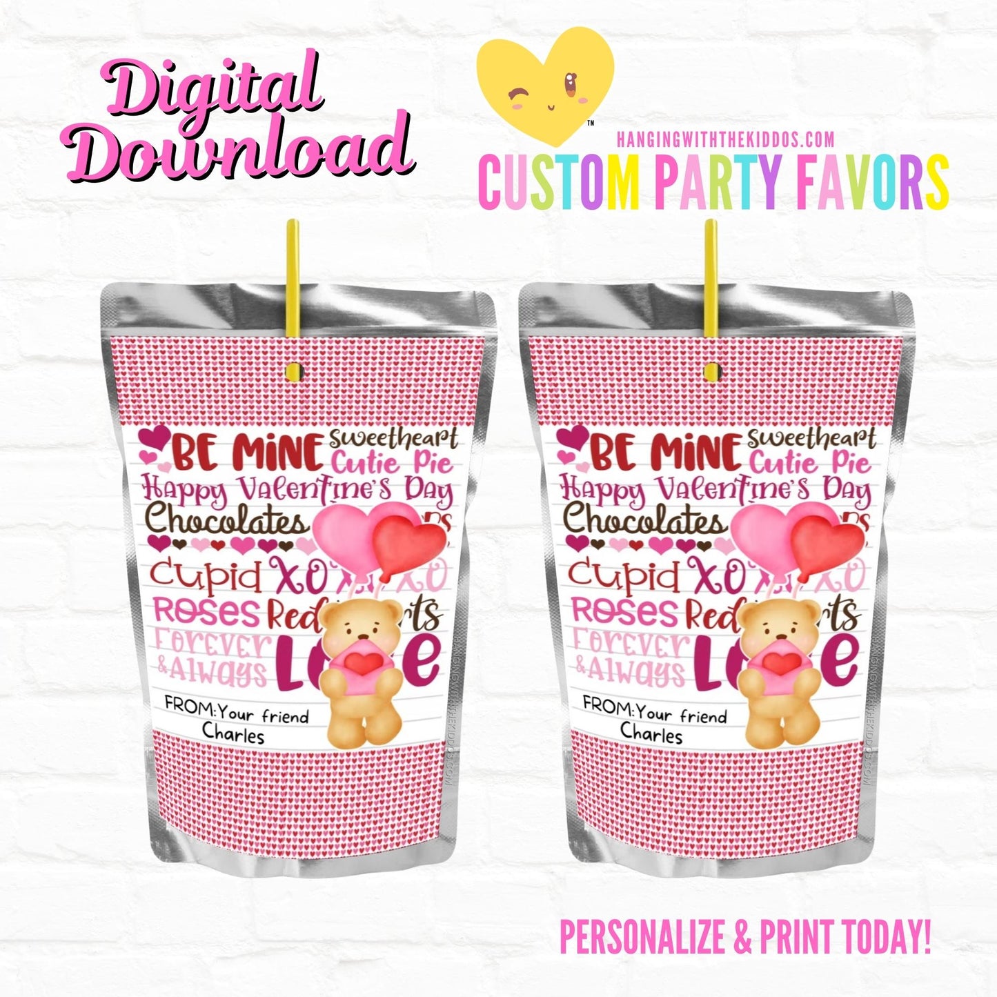 Personalized Valentine's Day Juice Pouch Labels-Teddy Bear