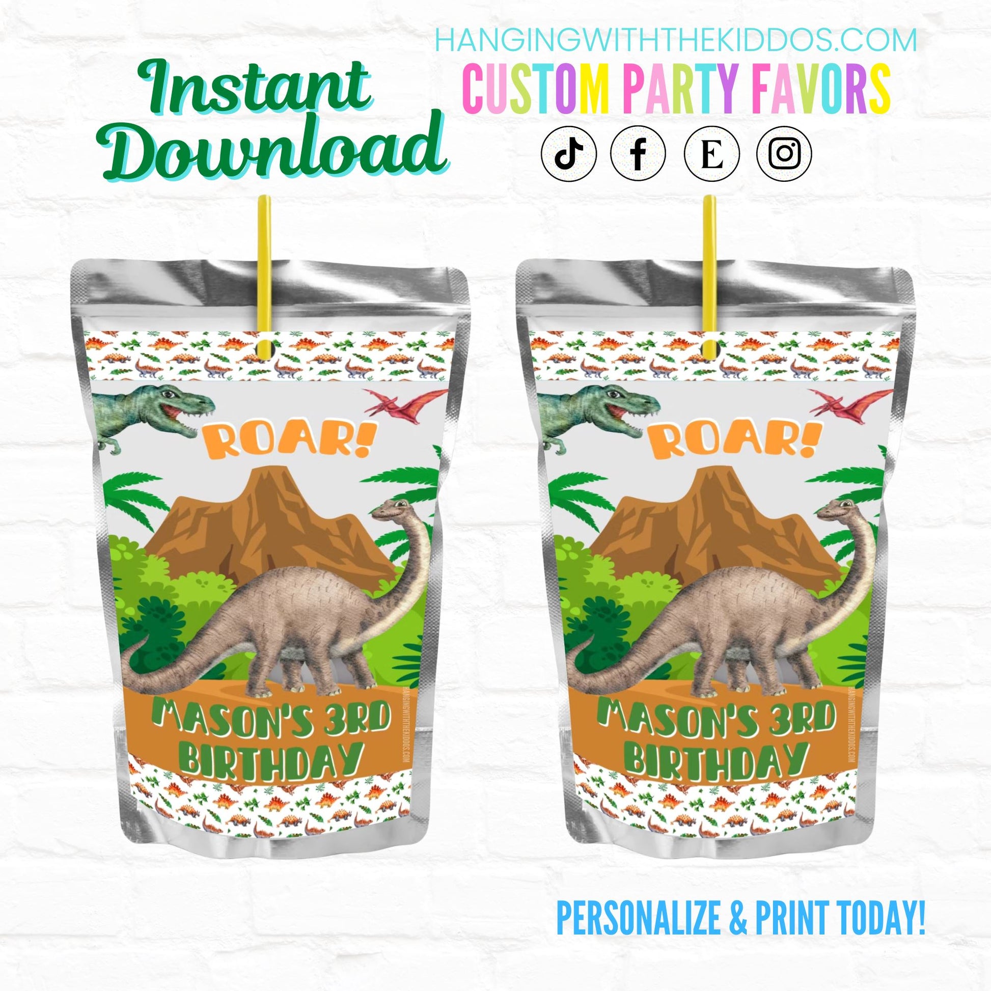 Dinosaur Birthday Personalized Juice Pouch Labels| Instant Download