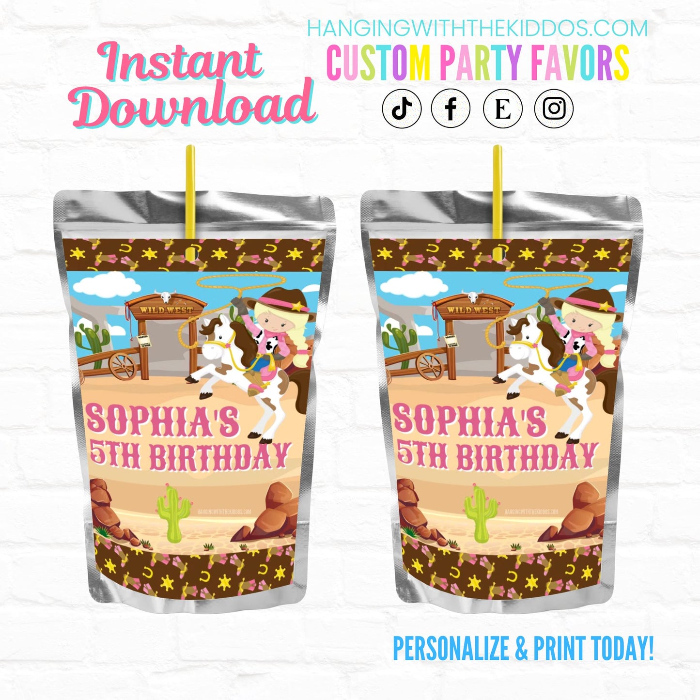 Cowgirl Birthday Party Favor Personalized Juice Pouch Labels Instant Download 03