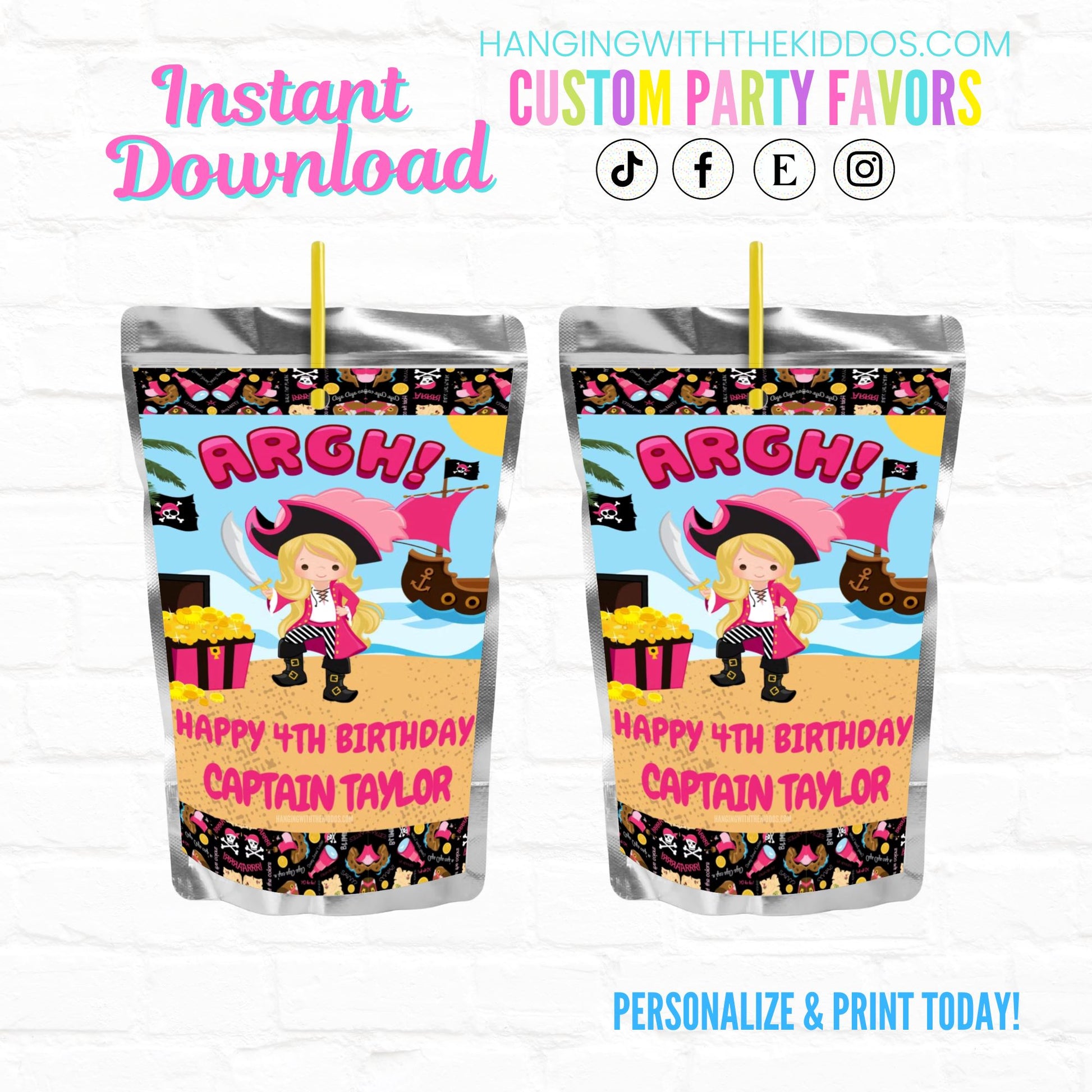 Girl Pirate Birthday Personalized Juice Pouch Labels| Instant Download 03